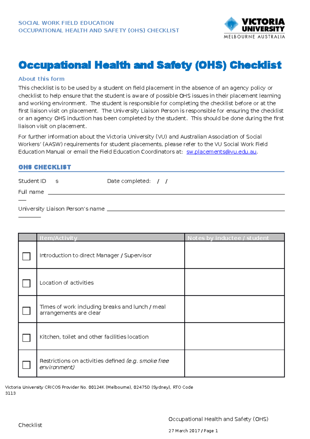 Occupational Health and Safety (OHS) Checklist Template - Victoria ...