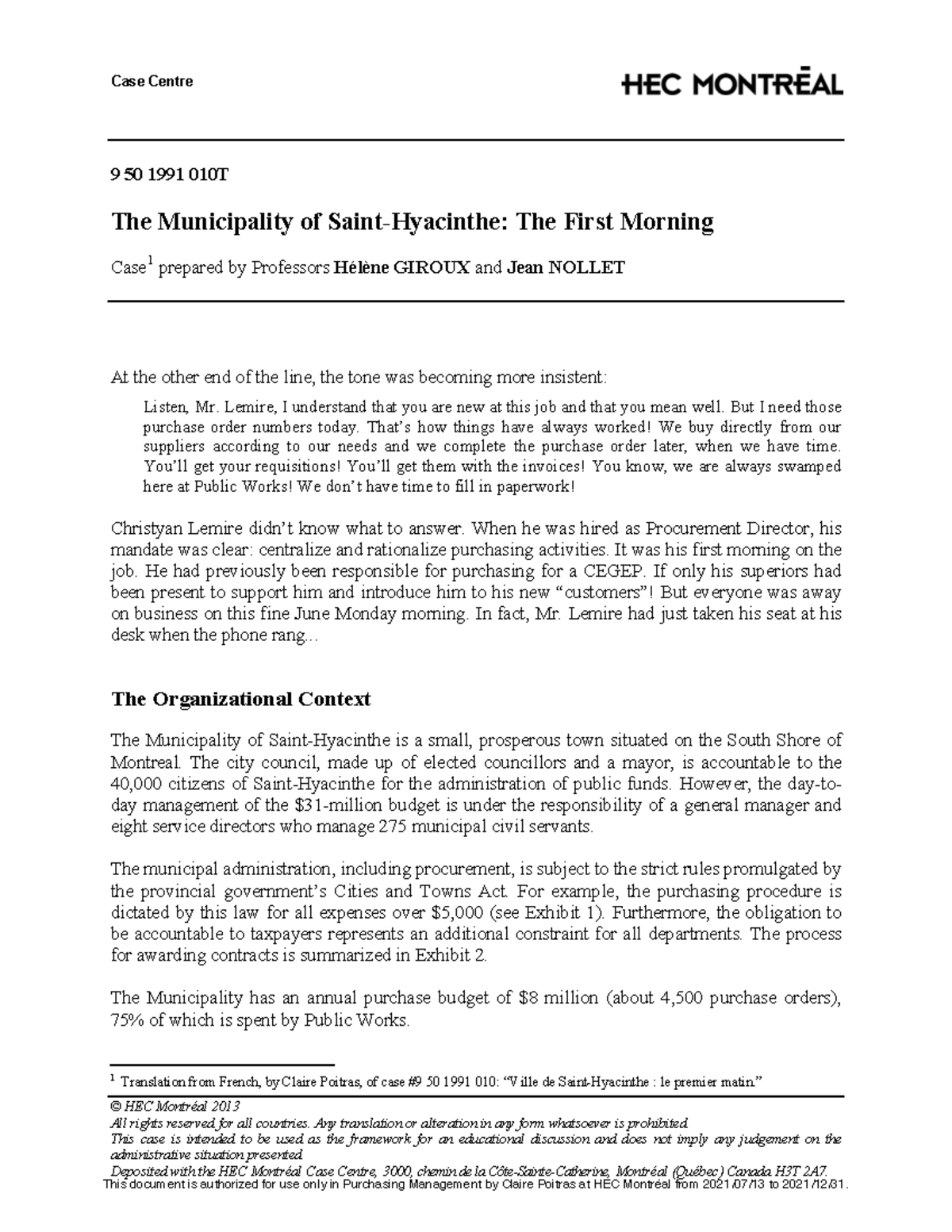 Case study 1 with analysis notes at the end - © HEC Montréal 2013 All ...