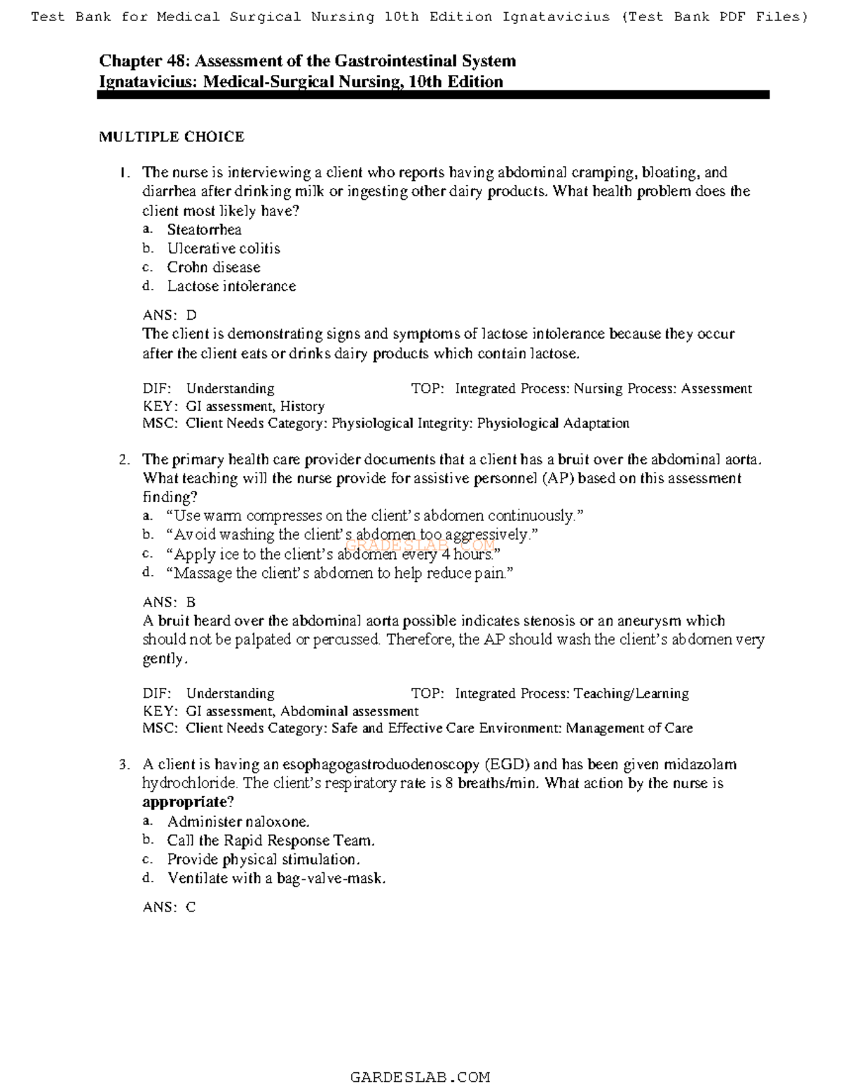 Chapter 48 notes - G R A D E S L A B. C O M Chapter 48: Assessment of ...