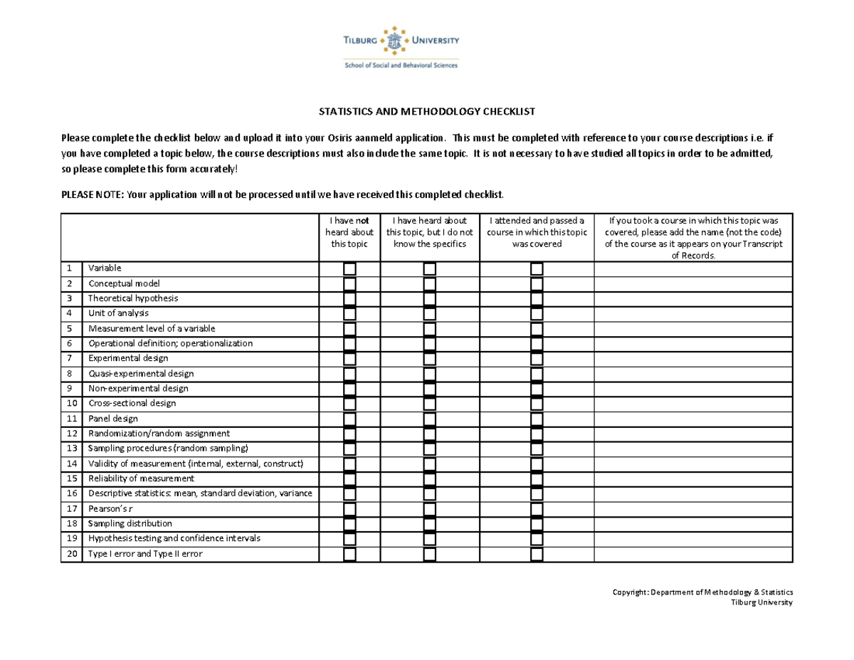 TSB Statistics Checklist 1 - Copyright: Department of Methodology ...