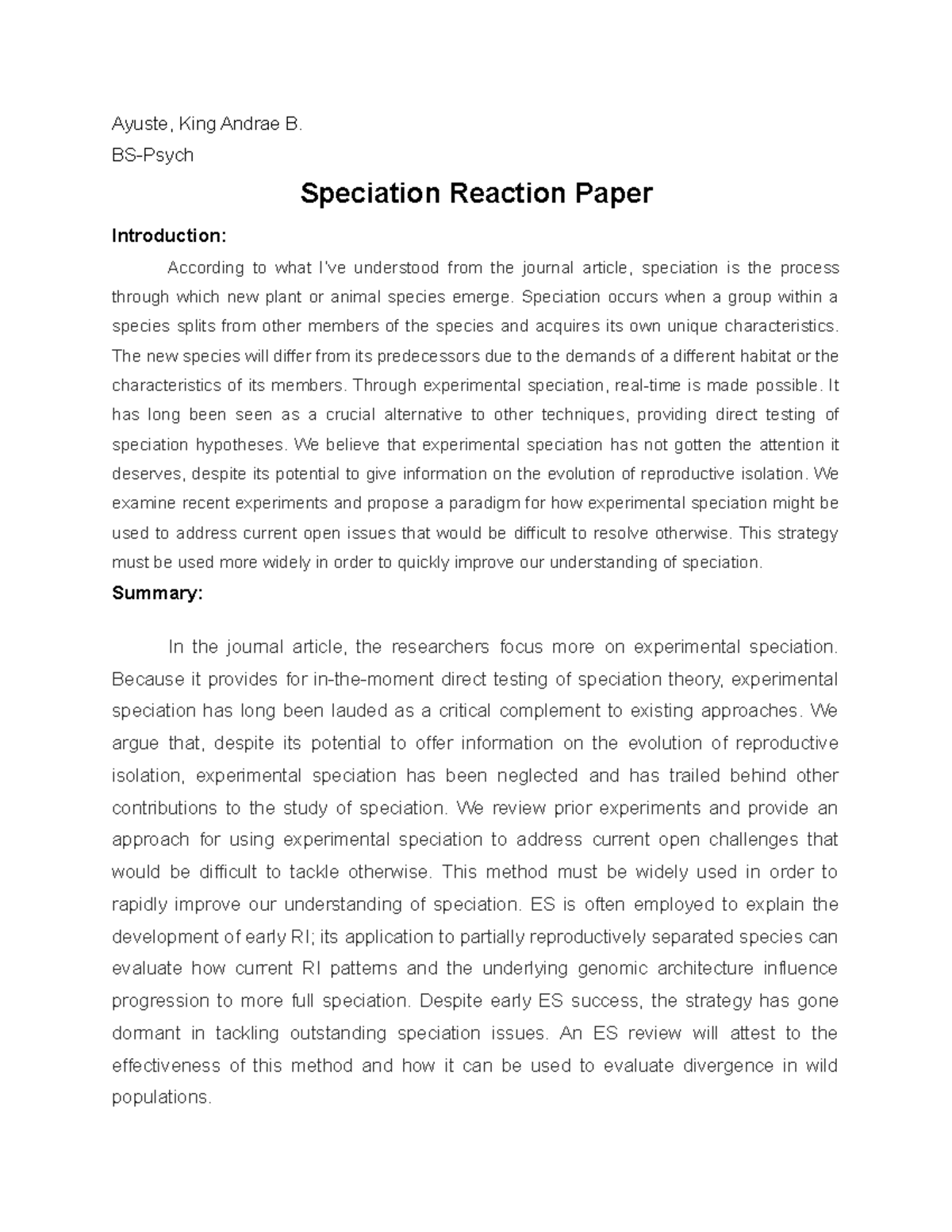 Speciation Reaction Paper - Ayuste, King Andrae B. Bs-psych Speciation 