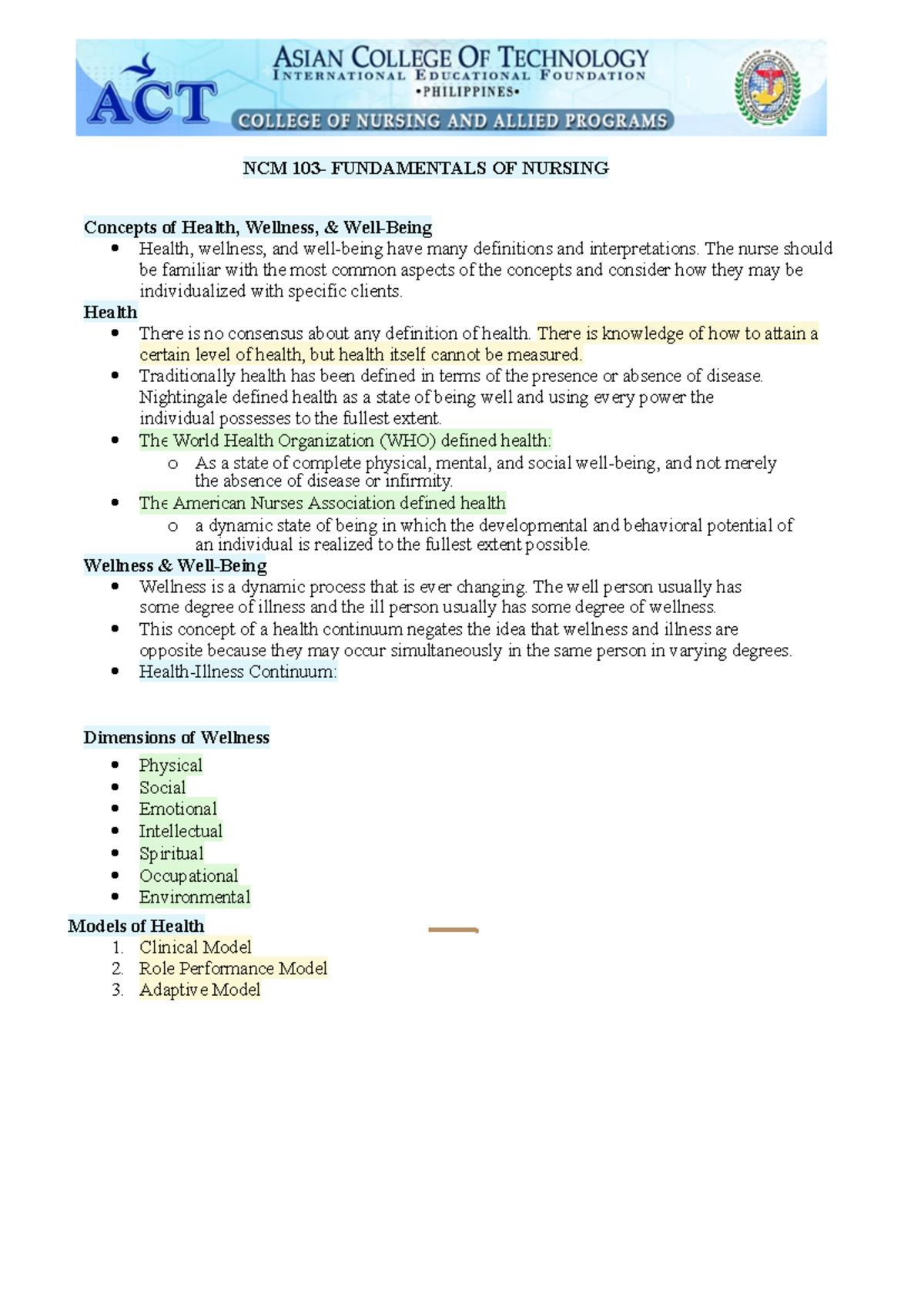 Funda notes - It will help you understand the theories - NCM 103 ...