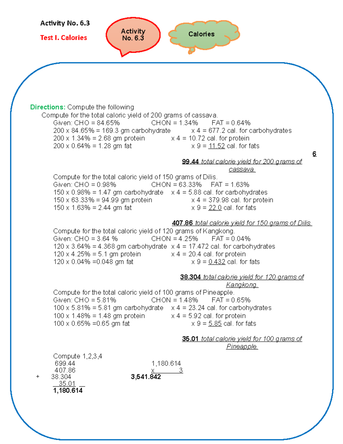 Activity No. 6.2 Calories - Activity No. 6. Test I. Calories Activity ...