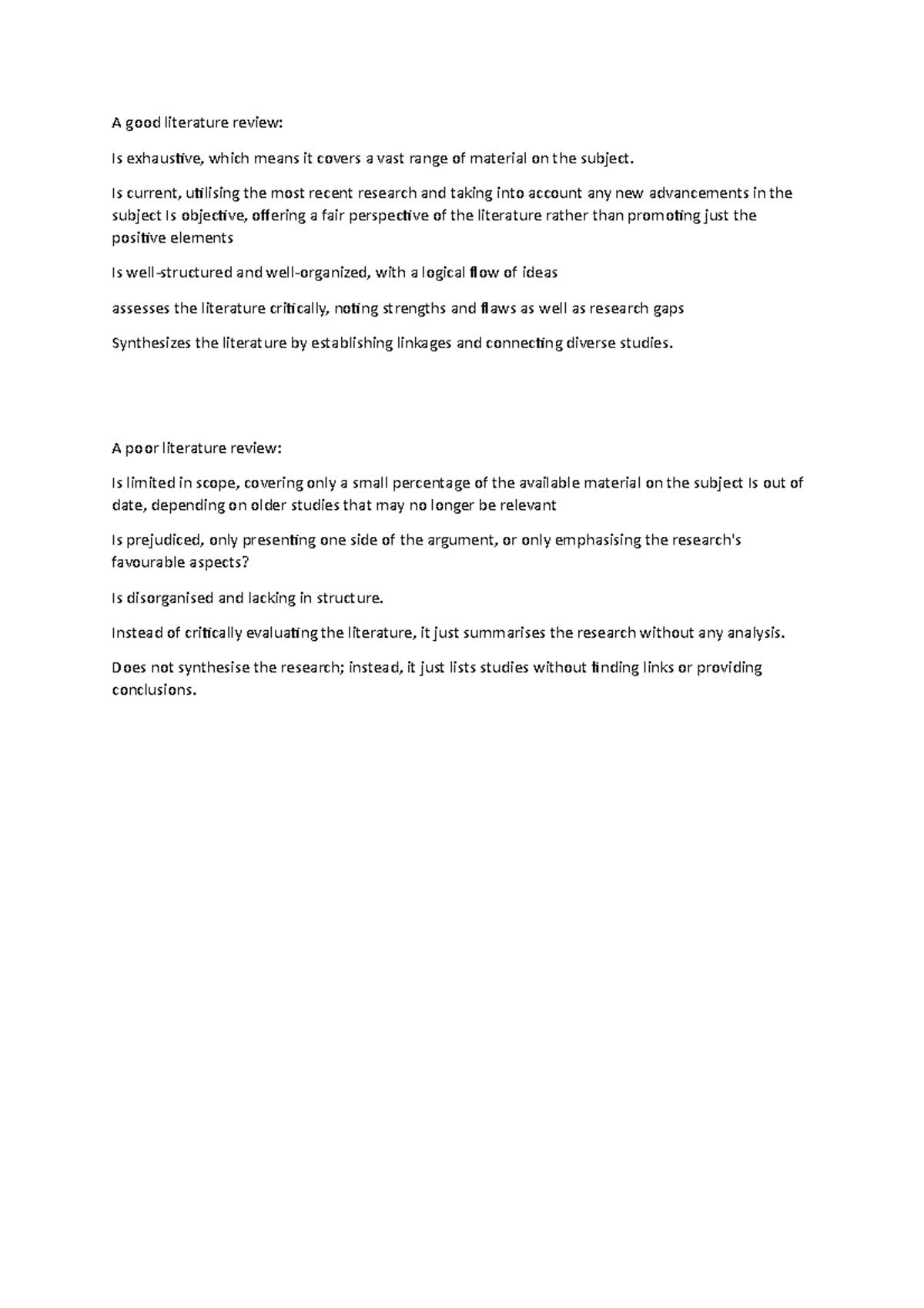 GOOD and POOR LR Literature Review A good literature review Is