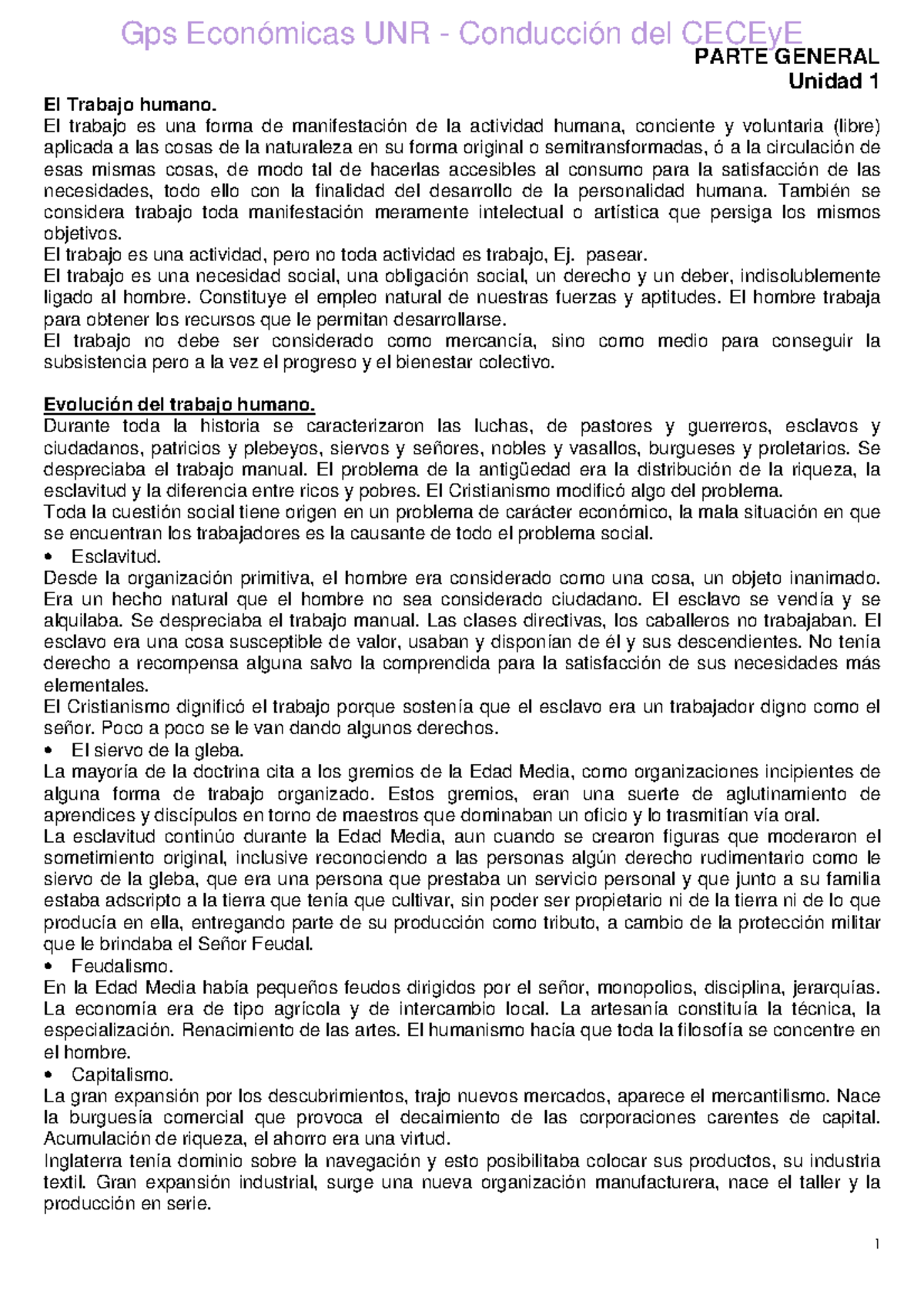 Laboral - Resumen - PARTE GENERAL Unidad 1 El Trabajo Humano. El ...