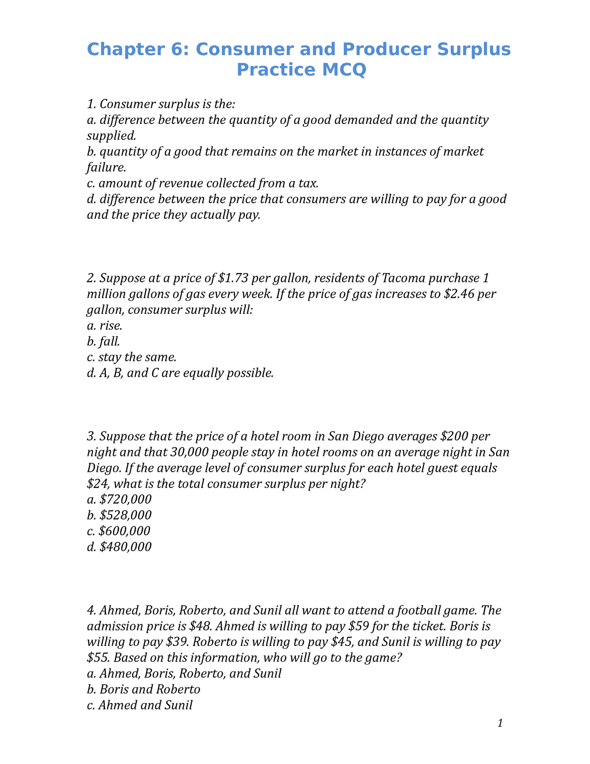 AUI Consumerand Producer Surplus MCQ - Chapter 6: Consumer And Producer ...