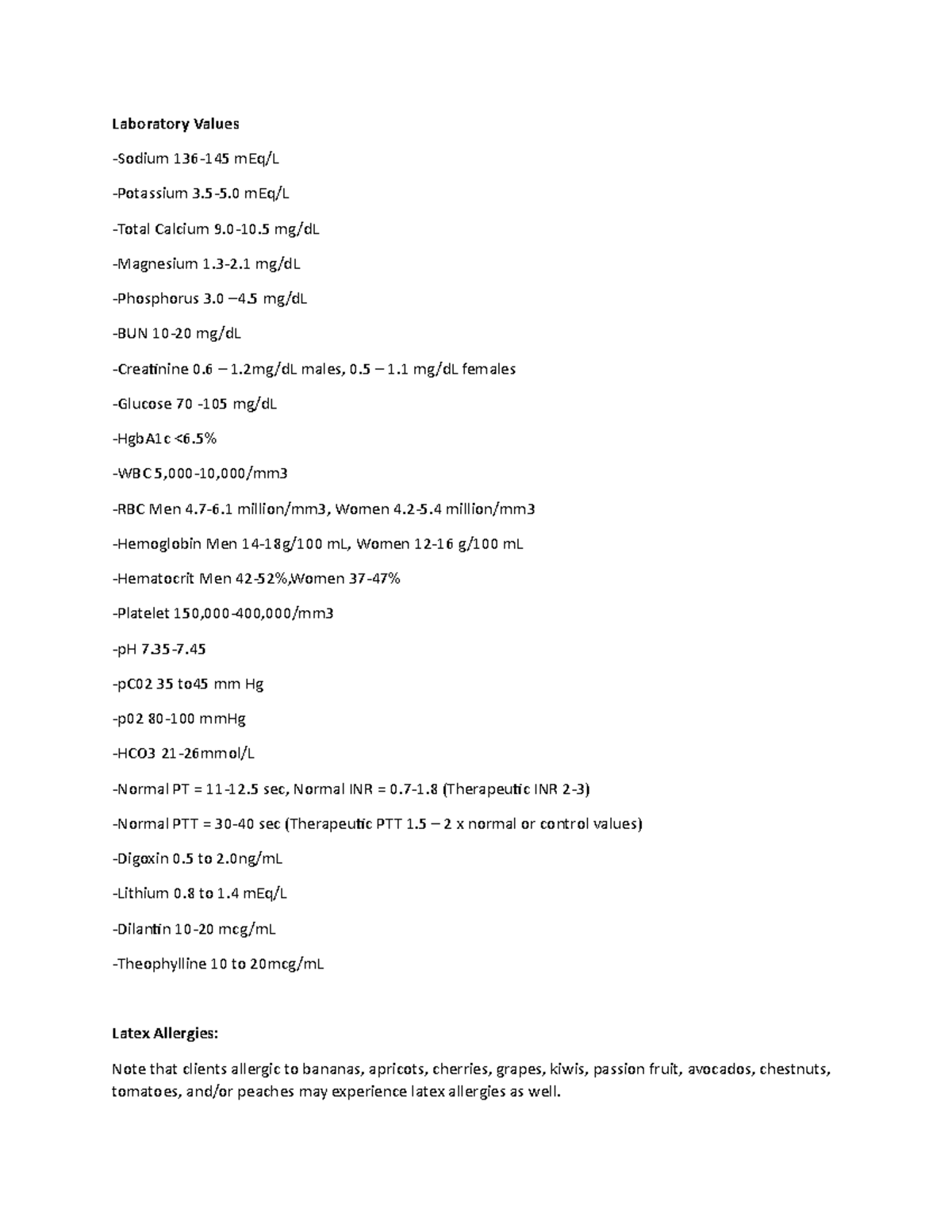 Laboratory Values Laboratory Values Sodium 136145 mEq/L Potassium