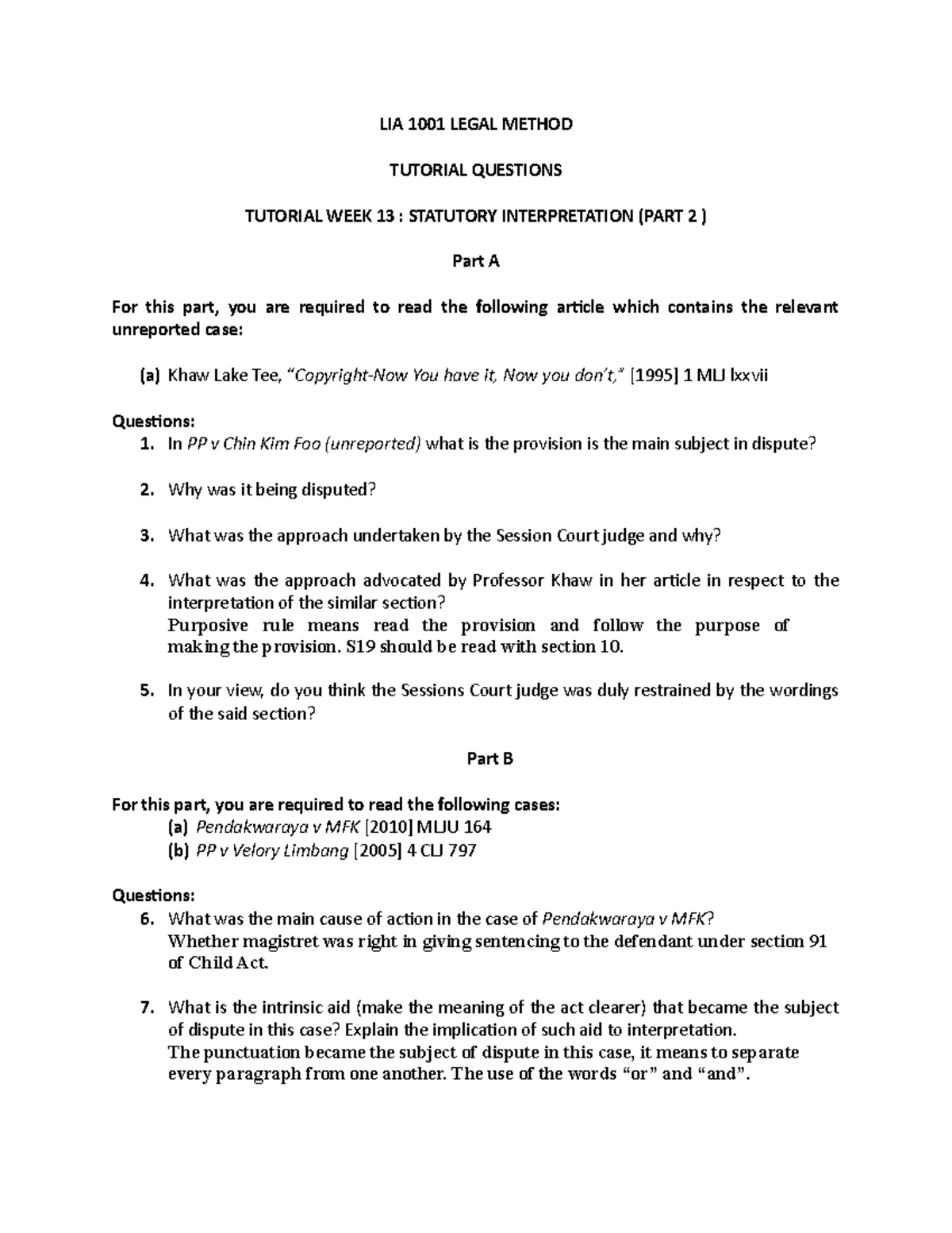 Tutorial 13 Statutory Interpretation LIA 1001 LEGAL METHOD TUTORIAL