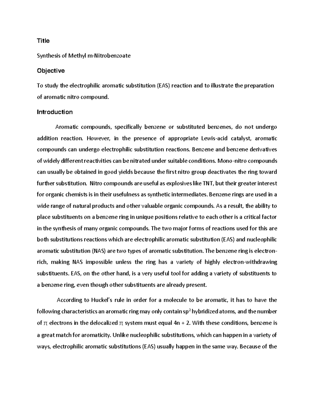 Experiment 4 Synthesis of methyl m-nitrobenzoate - Title Synthesis of ...