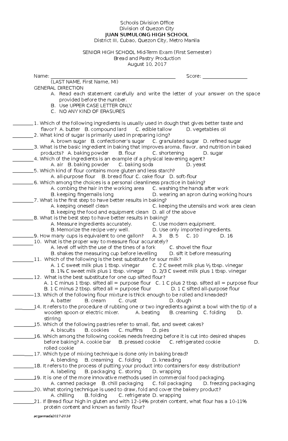 Bread and PAstry First Quarter Exam Schools Division Office Division