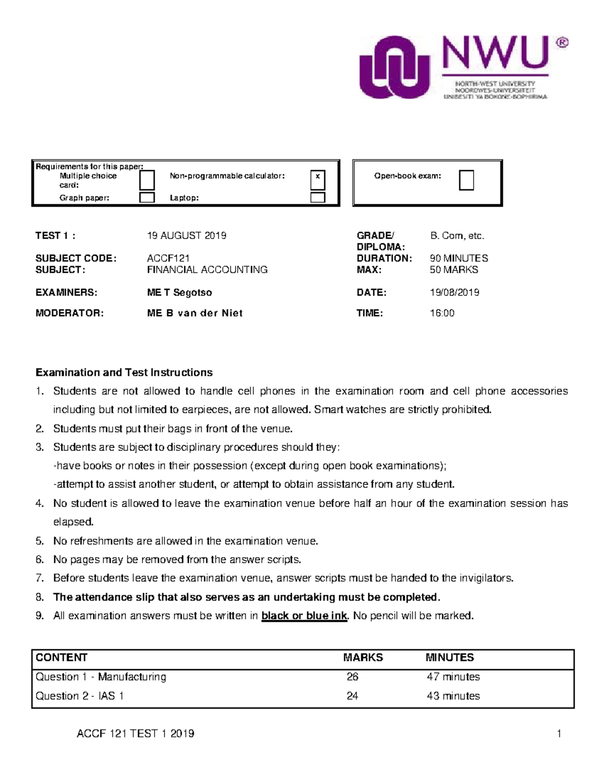 2019 +ACCF+121+Class+Test+1 - Examination and Test Instructions ...