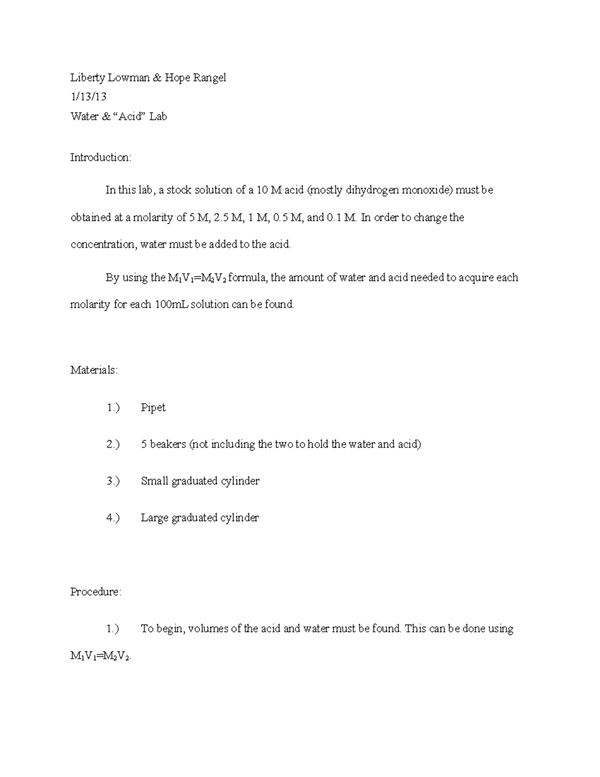 Acid Dilution Lab Report Chem II Liberty Lowman & Hope Rangel 1/13