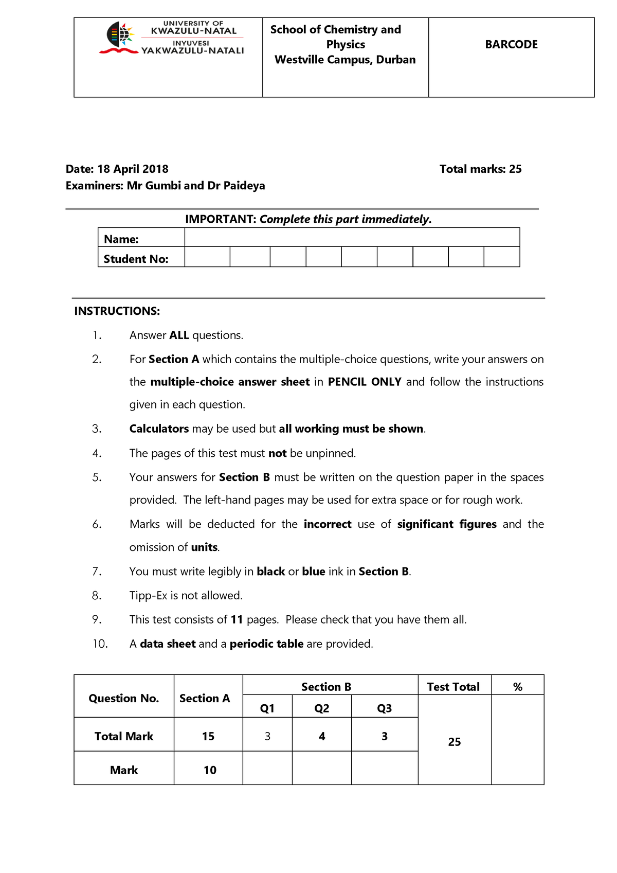 Test 2 Wednesday solution - Date: 18 April 2018 Total marks: 25 ...