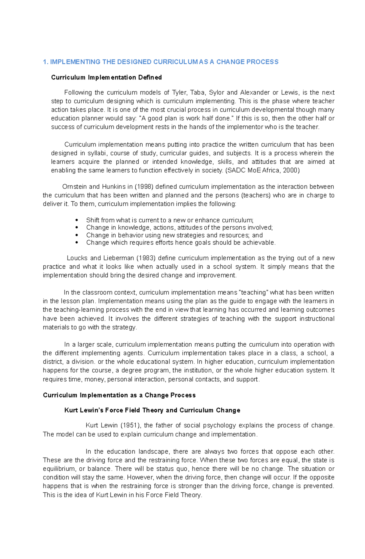The Teacher and the Curriculum 1. IMPLEMENTING THE DESIGNED