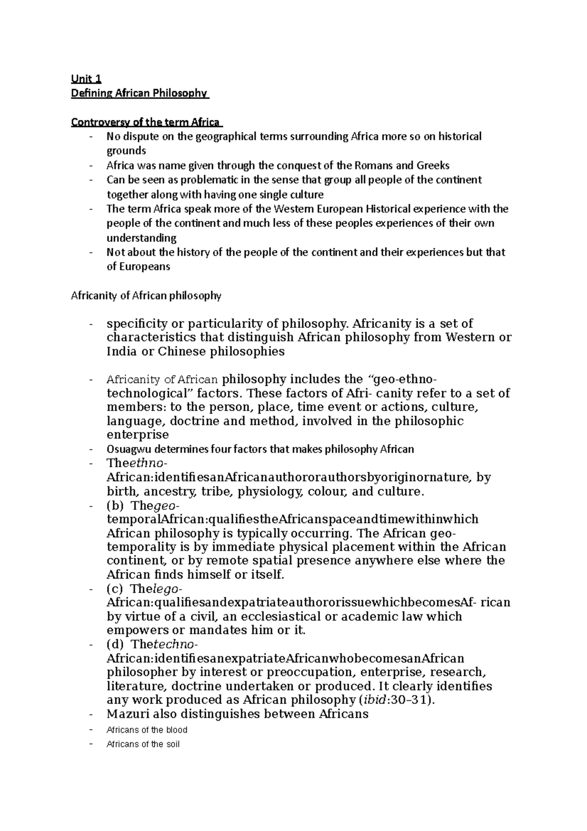 Unit 3 Pls Pls Notes Unit 3 Unit 1 Defining African Philosophy
