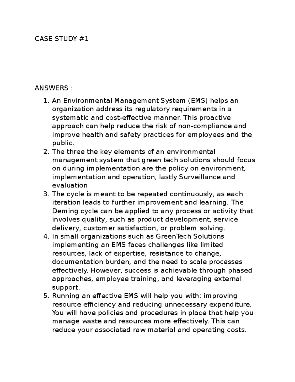 EMS CASE STUDY ANSWERS An Environmental Management System (EMS