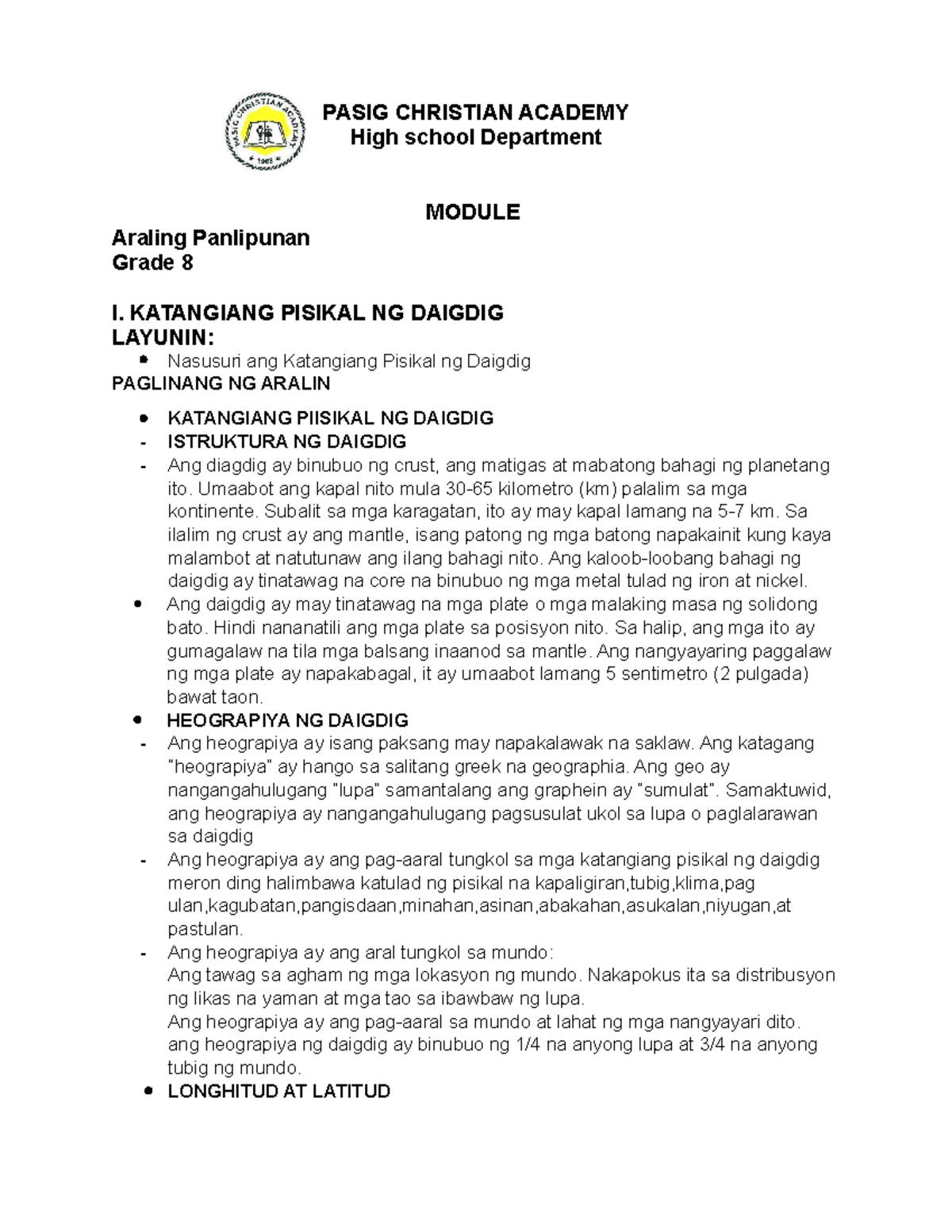 Module Grade 8 - EXAMPLE ONLY - PASIG CHRISTIAN ACADEMY High school ...