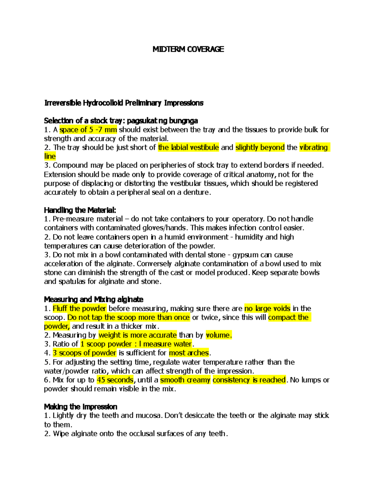 RPD- Lessons-Midterms - MIDTERM COVERAGE Irreversible Hydrocolloid ...
