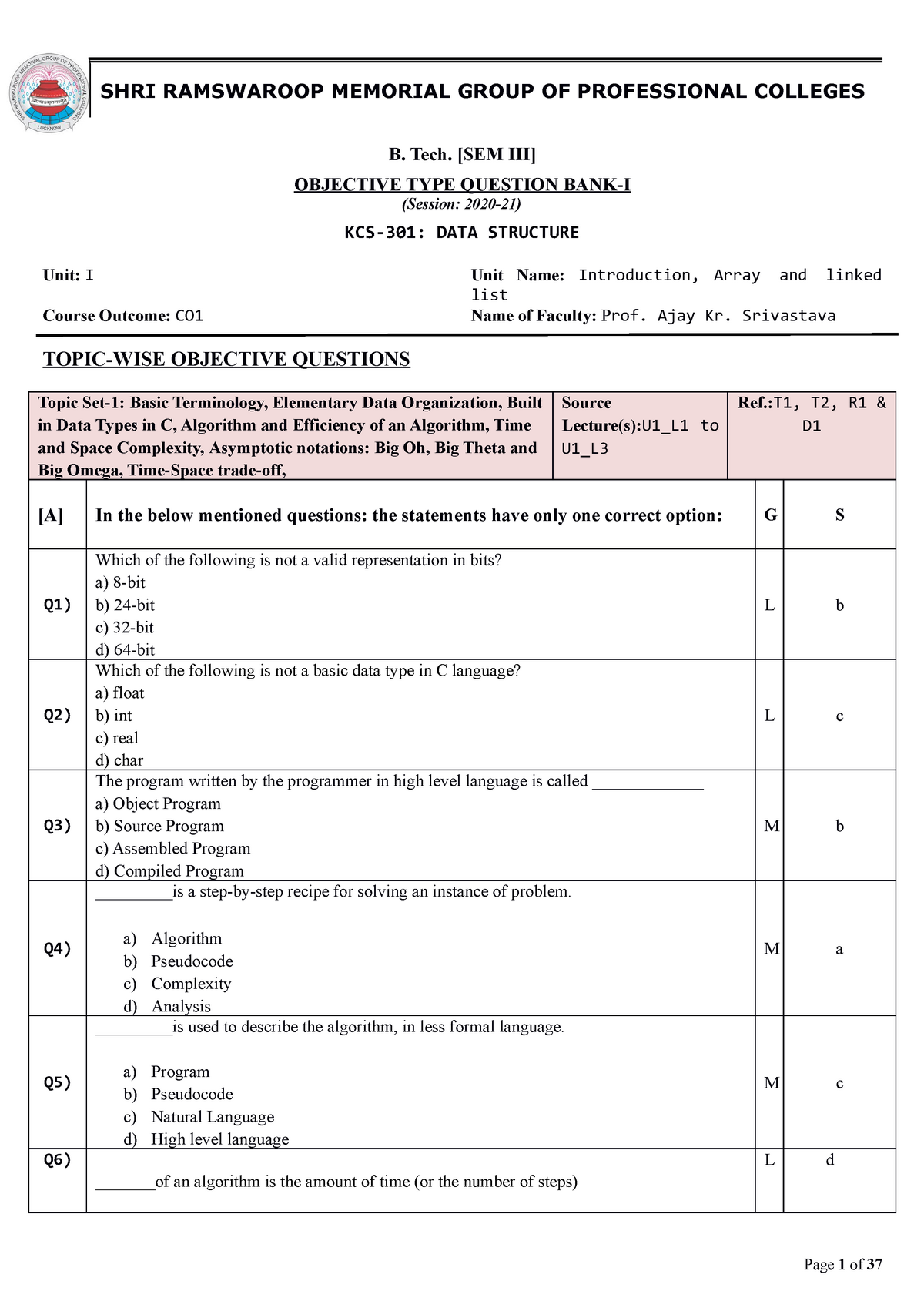 Data Structure MCQ - B. Tech. [SEM III] OBJECTIVE TYPE QUESTION BANK-I ...