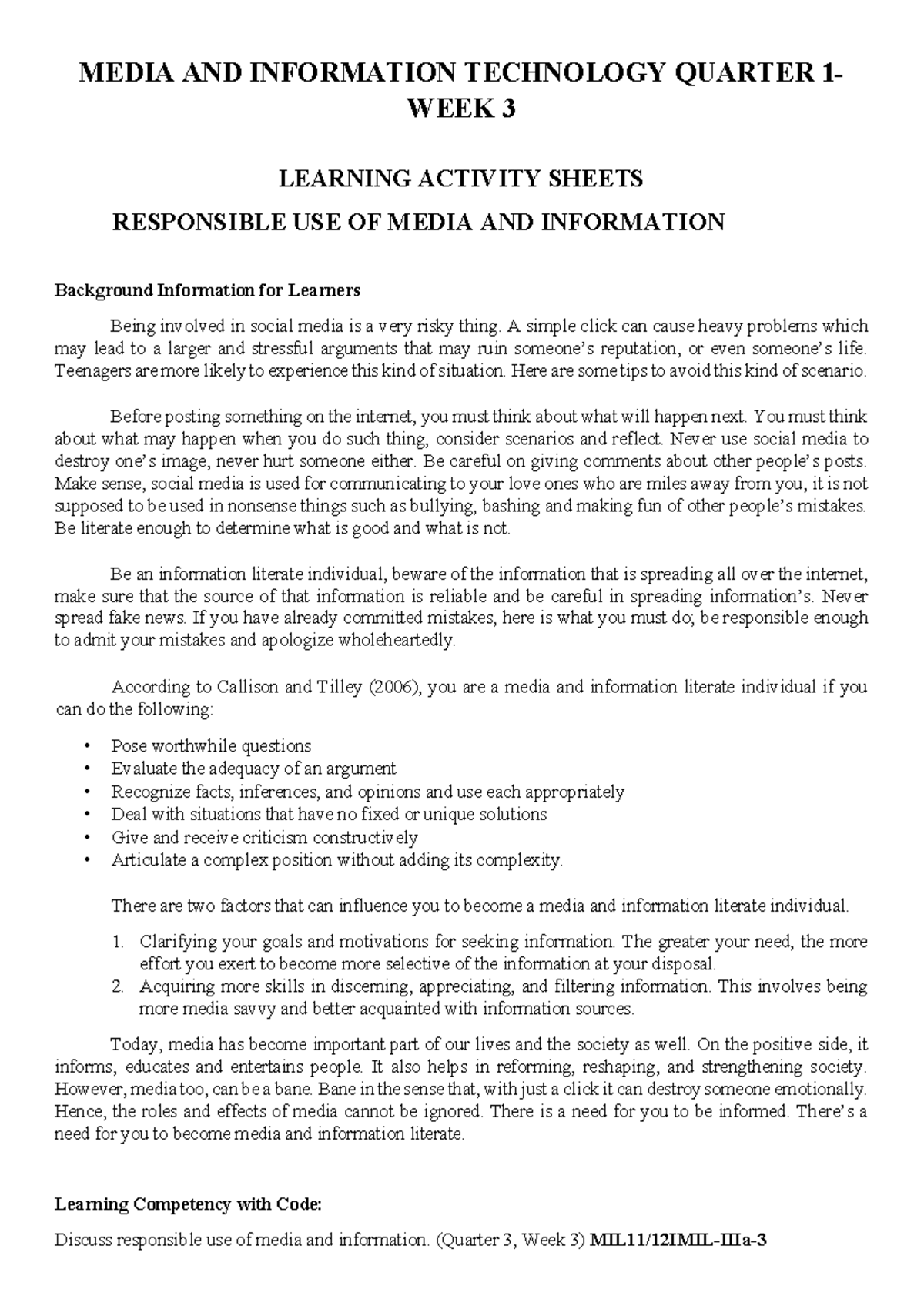 Media AND Information Technology Quarter WEEK 3 - MEDIA AND INFORMATION ...