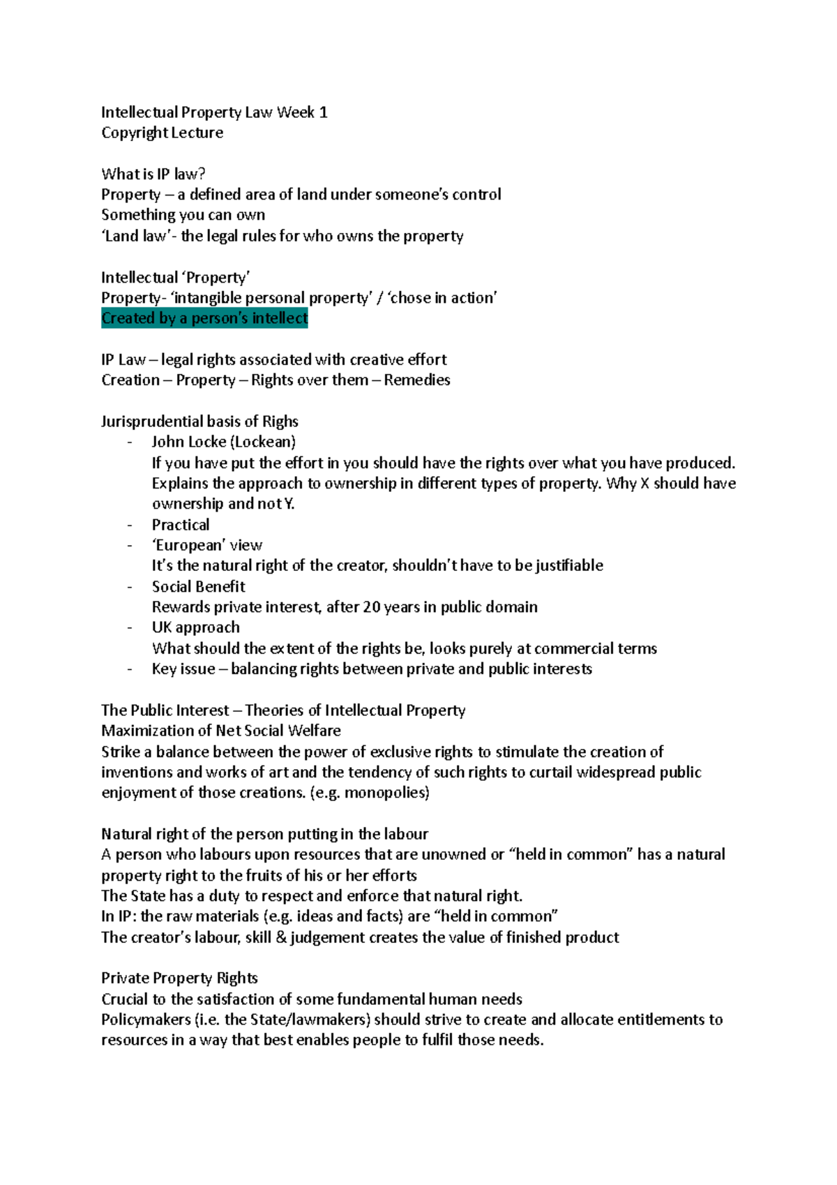 Intellectual Property Law Week 1 - Explains the approach to ownership ...