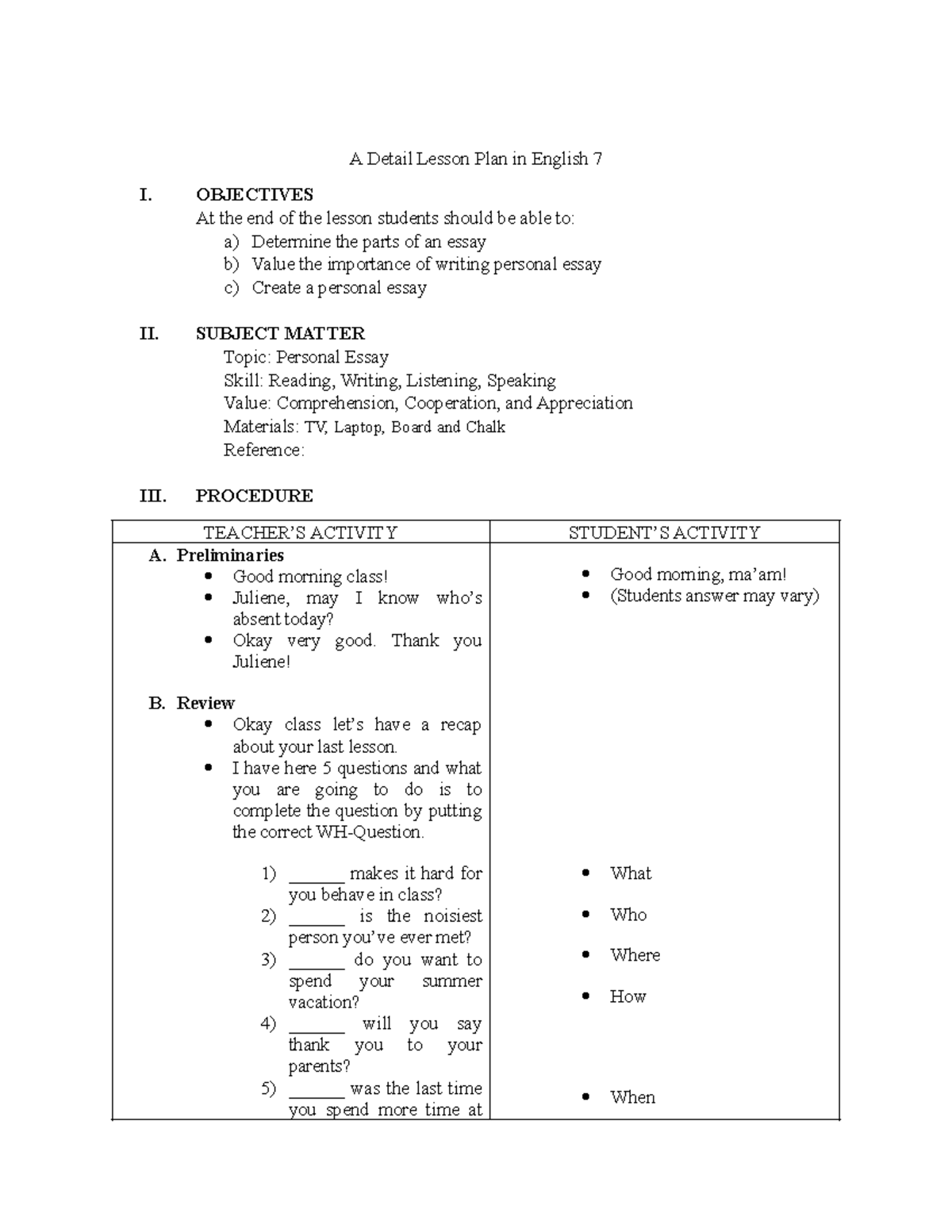 A Detail Lesson Plan in English 7- Writng Personal Essay - A Detail ...