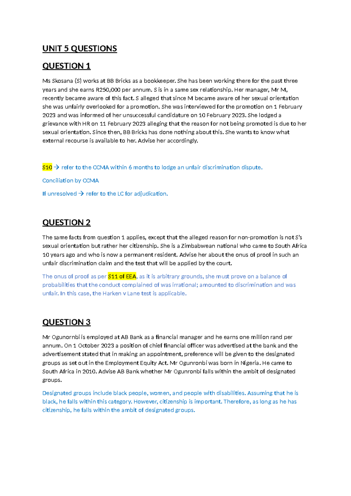UNIT 5 Questions - Summary Labour law - UNIT 5 QUESTIONS QUESTION 1 Ms ...