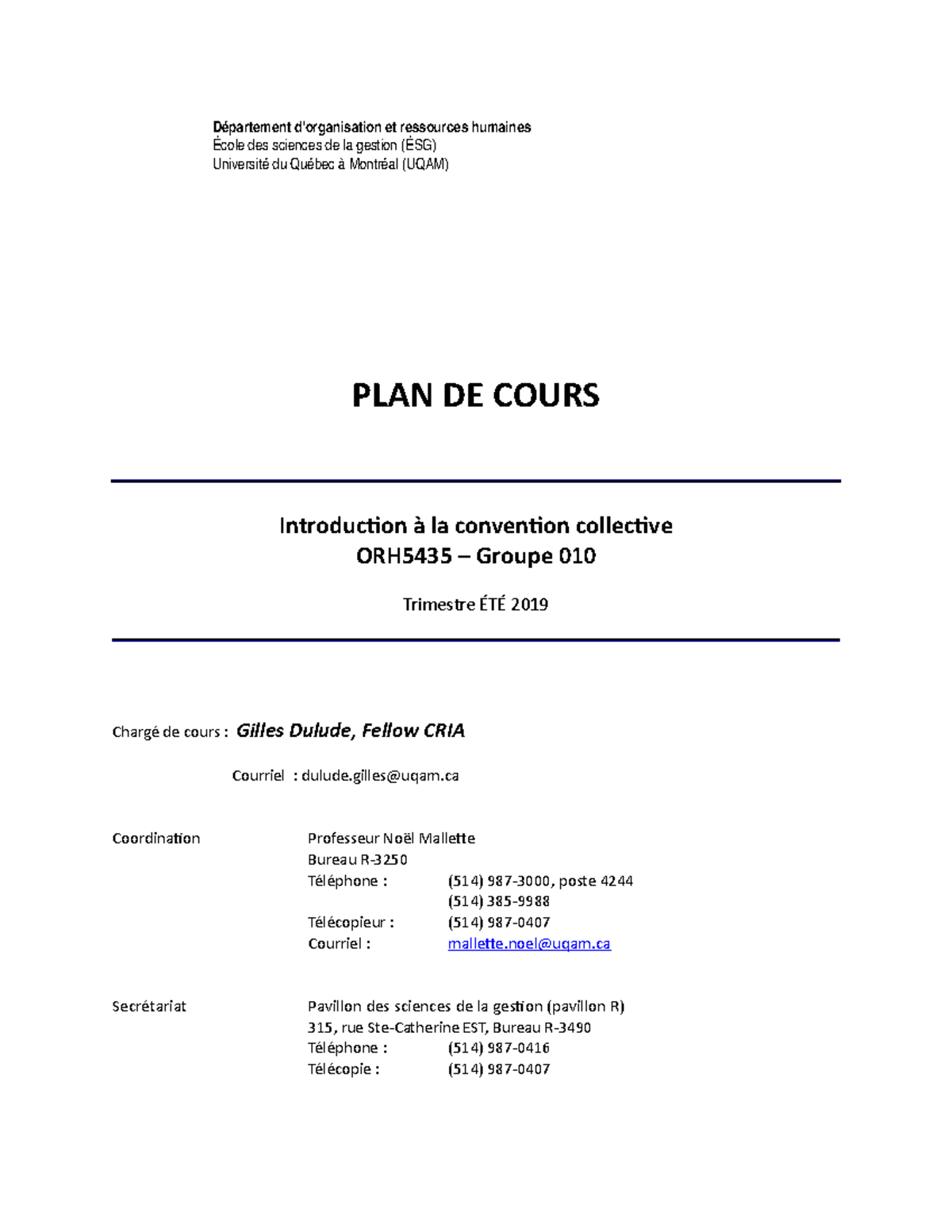 Plan De Cours Vf Orh5435 010 Ete 19 Partement Organisation Et Ressources Humaines Cole Des Sciences De La Gestion Sg Universit Du Qu Bec Montr Al Uqam Plan Studocu