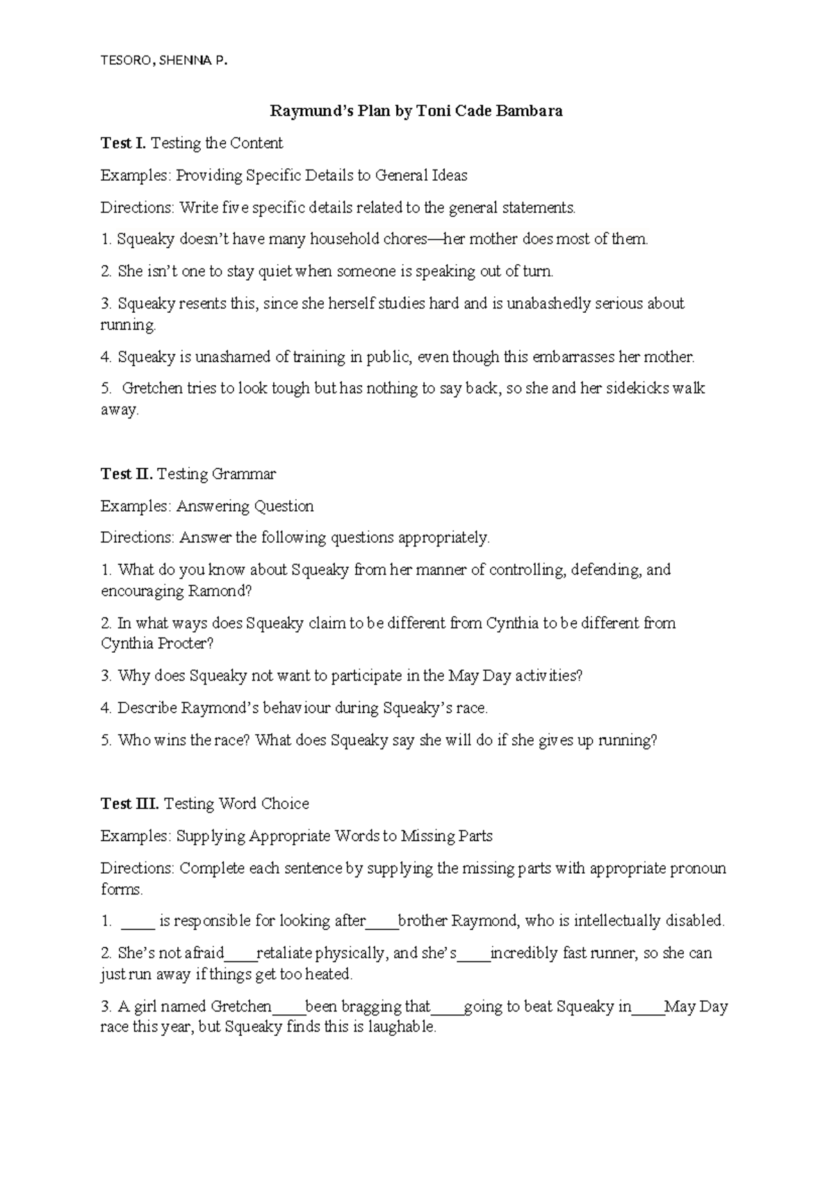 125 test constructions - Raymund’s Plan by Toni Cade Bambara Test I ...