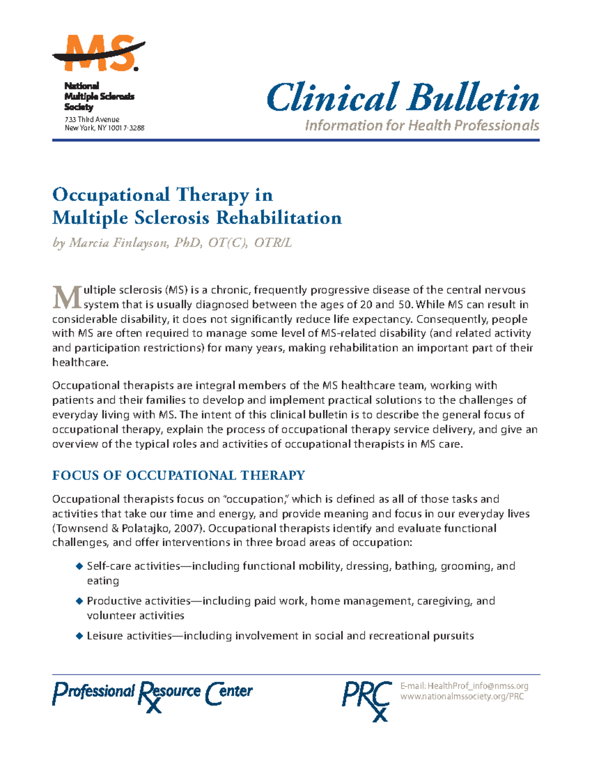 ClinicalBulletinOT MS Email HealthProf_infonmss nationalmssociety/PRC 733 Third Avenue