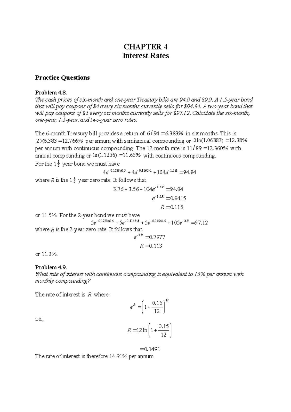 Hull Fund 9e Ch04Problem Solutions - CHAPTER 4 Interest Rates Practice ...