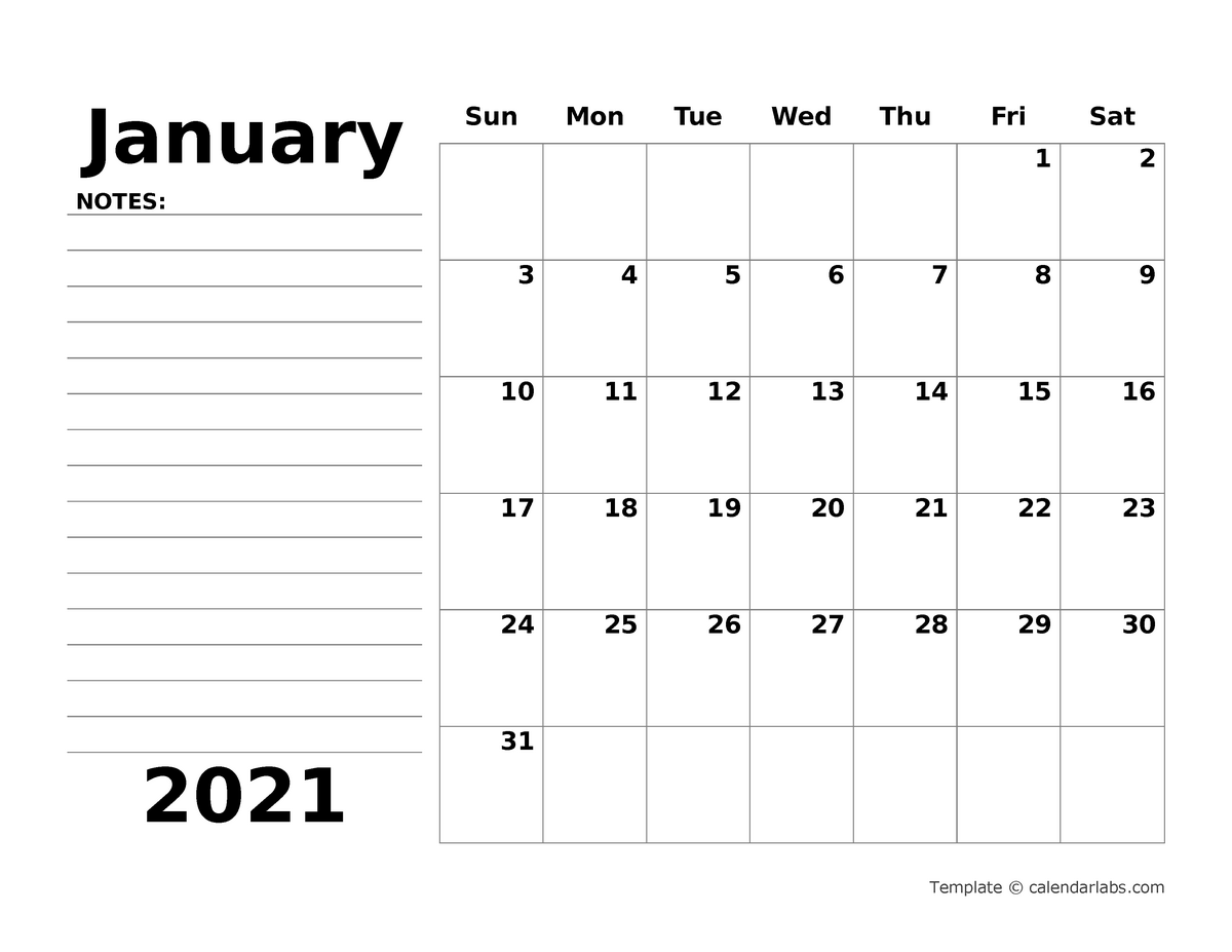 2021 blank calendar template with notes 03 - NOTES:January Februar ...