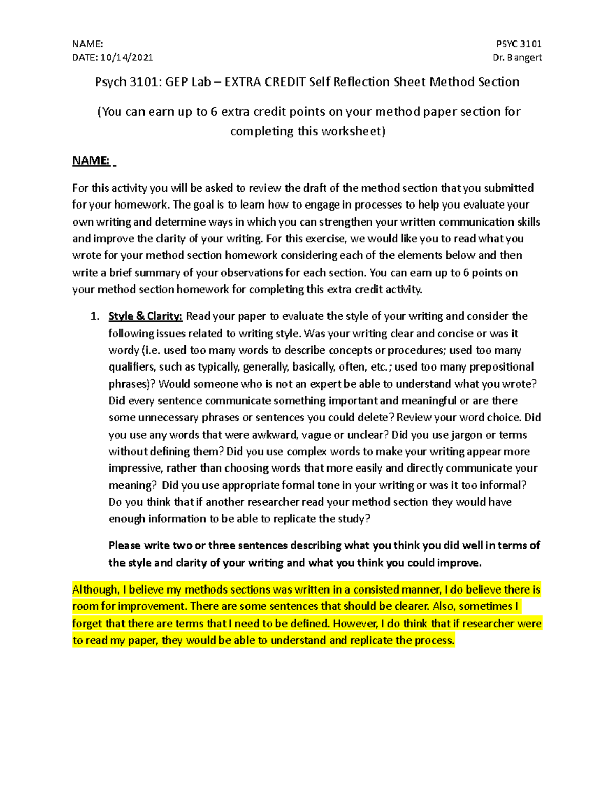 Extra Credit Self Reflection Sheet Method NAME PSYC 3101 DATE 10