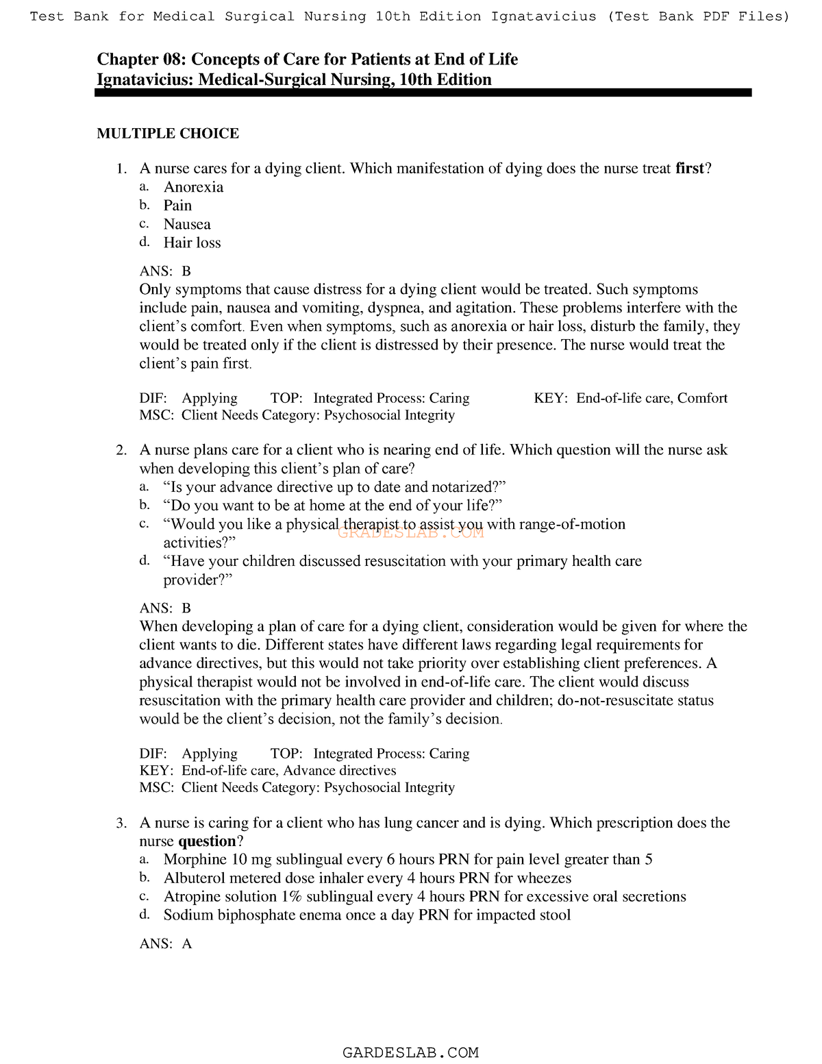 08 Test Bank Gradeslab Chapter 08 Concepts Of Care For Patients At End Of Life Ignatavicius 6025