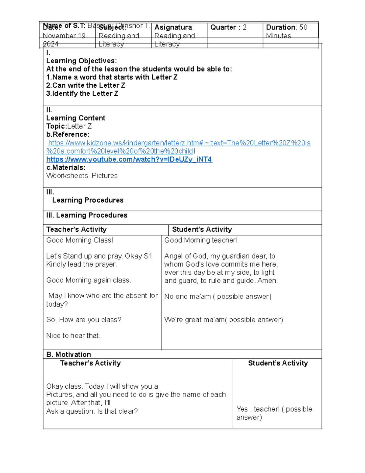 Lp in grade one daisy - bjhefjhfjehf - I. Learning Objectives: At the ...