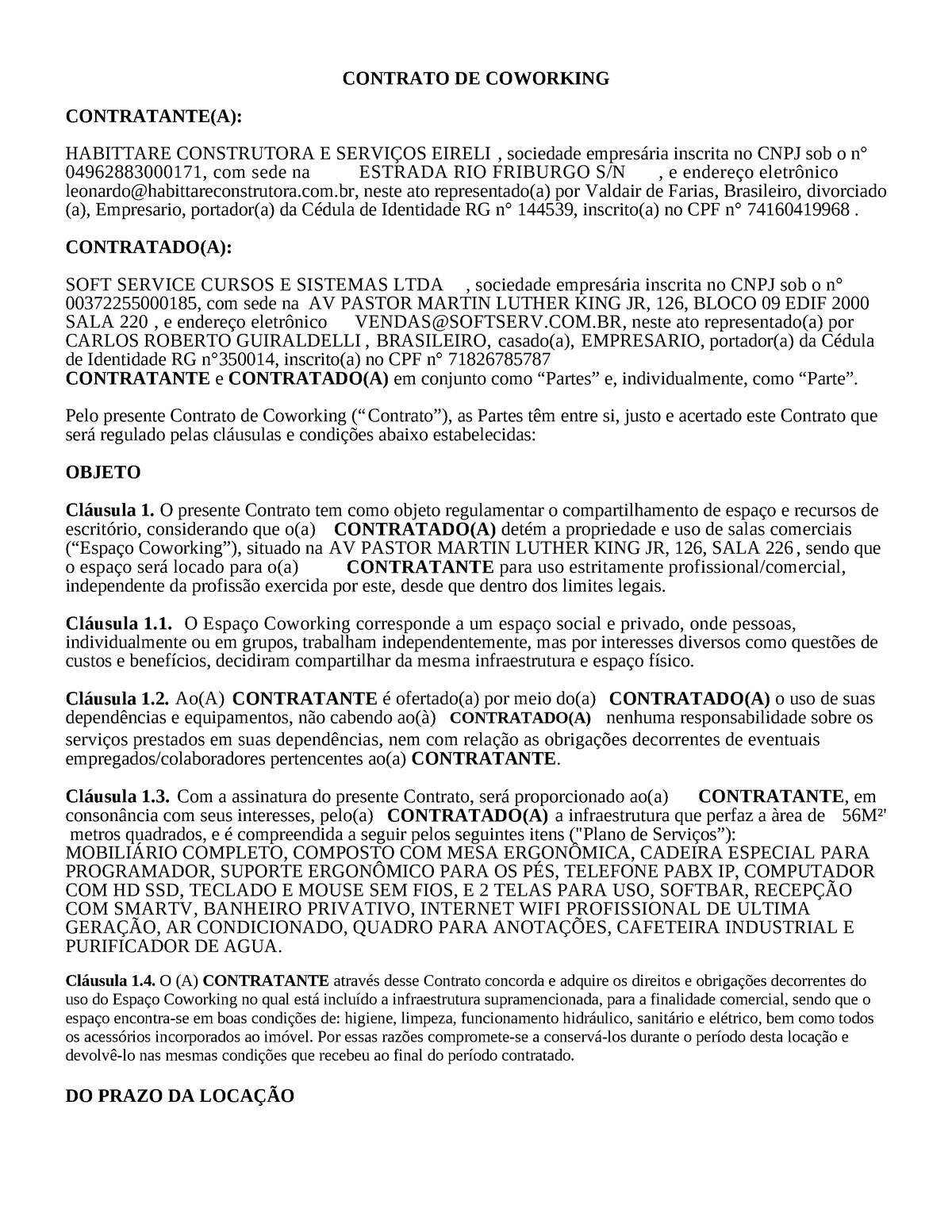 Contrato de Coworking personalizado - CONTRATO DE COWORKING CONTRATANTE(A):  , sociedade empresária - Studocu