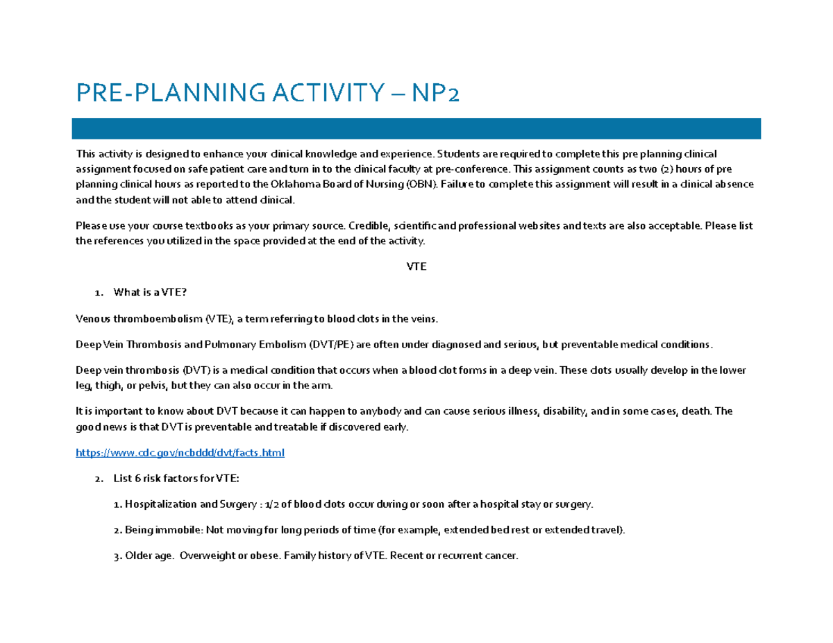 Pre Plan NP2 VTE propylaxis - PRE-PLANNING ACTIVITY – NP This activity ...