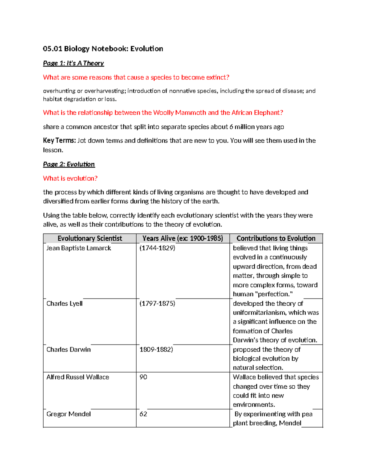 05 01 evolution - notes for bio - 05 Biology Notebook: Evolution Page 1 ...