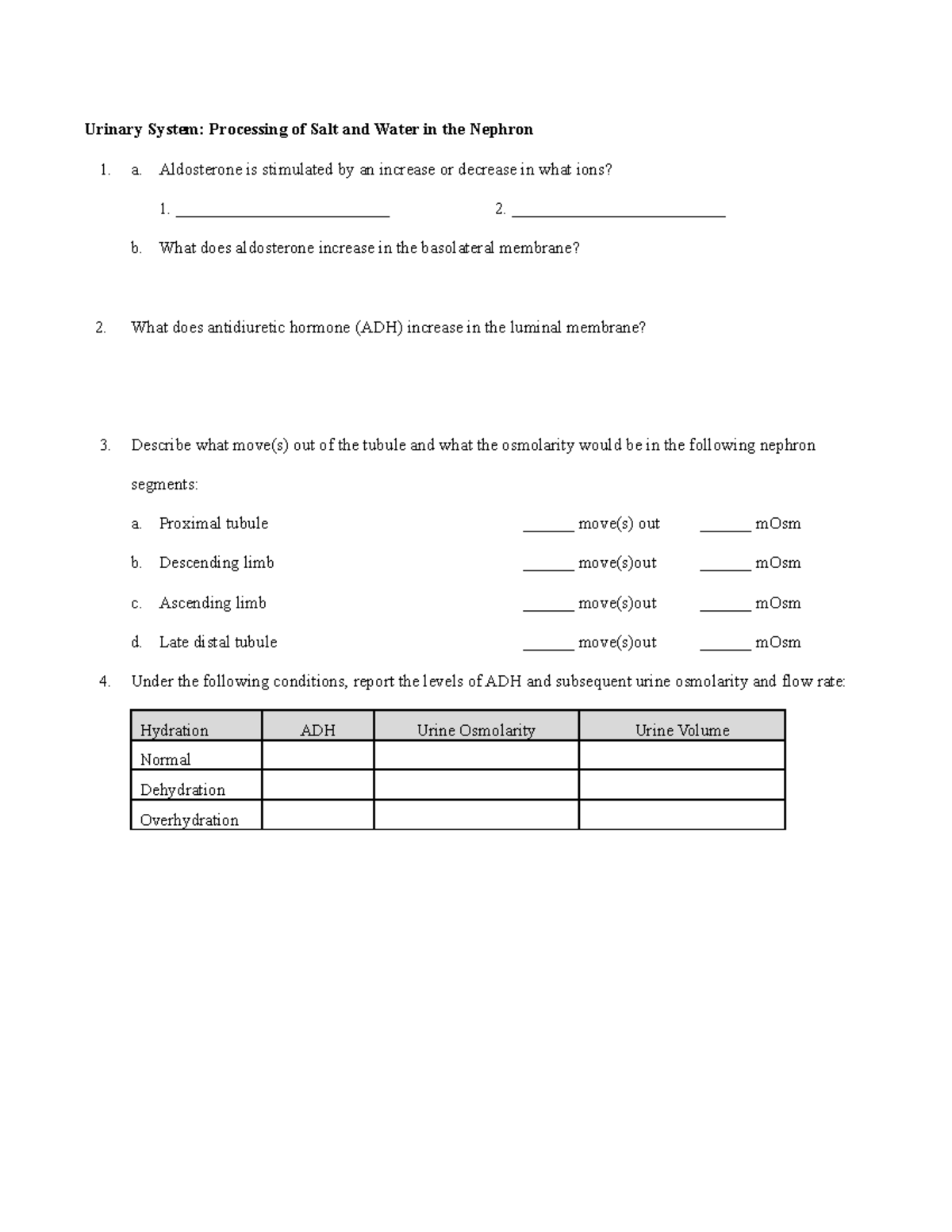 Urinary IP Processing of Salt and Water in the Nephron Worksheet ...