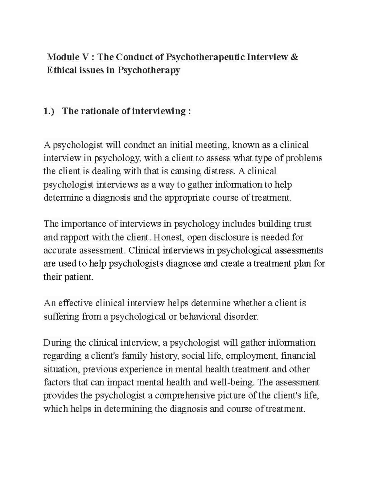 Module V Psychotherapeutic Interview & Ethical Issues In Psychotherapy 