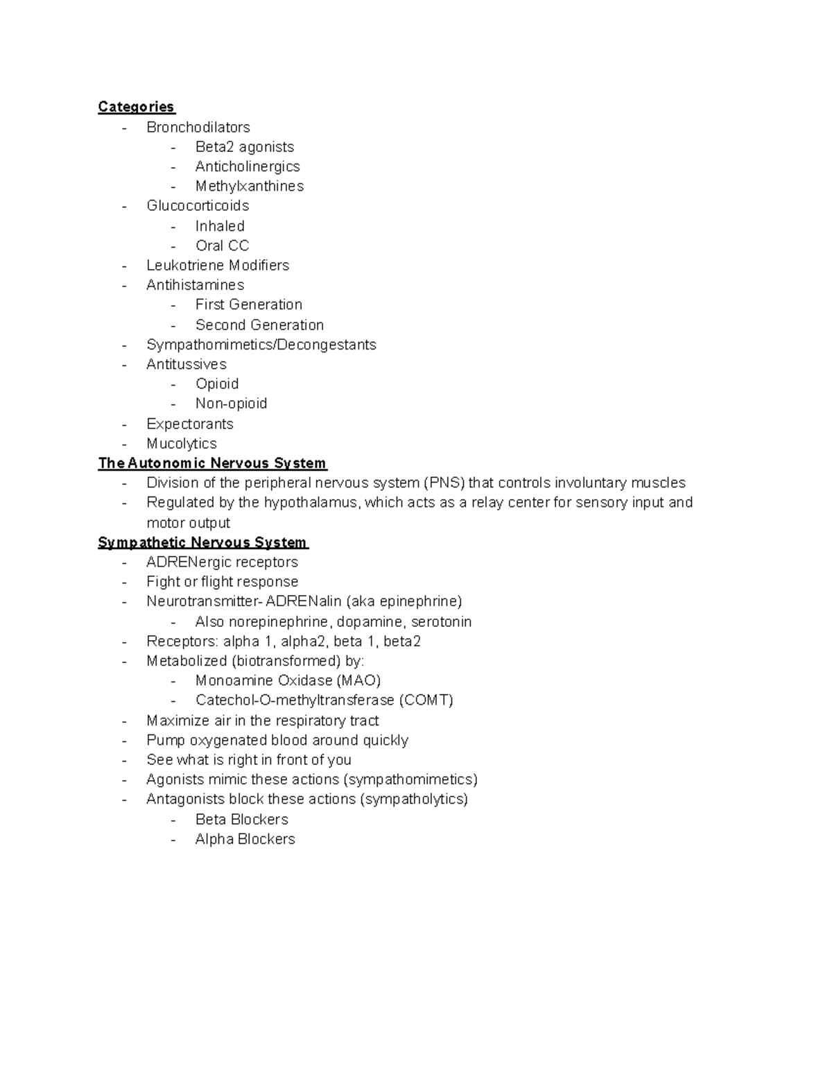 Pharmacology Week 2 Notes Respiratory Drugs - Categories ...