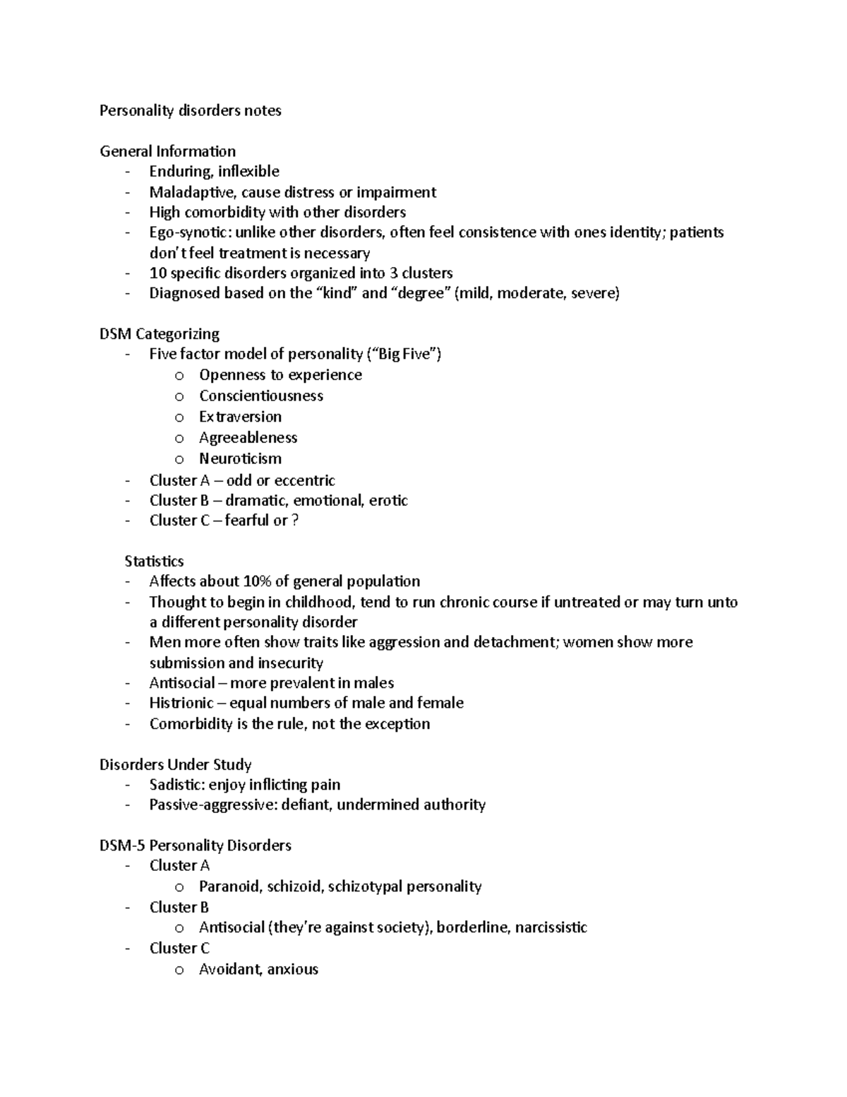 Personality disorders notes - Personality disorders notes General ...