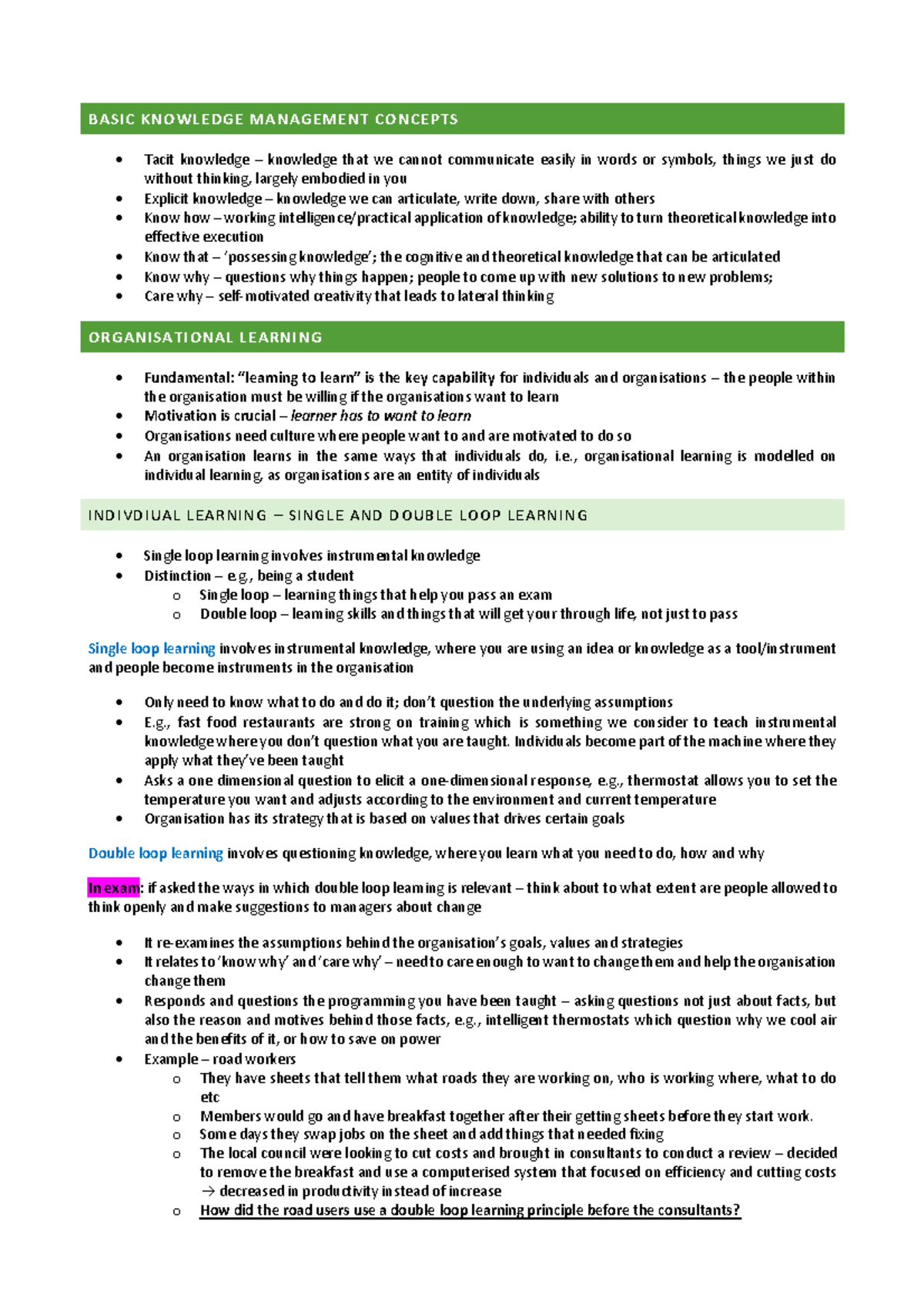 MGMT311 Exam Notes - BASIC KNOWLEDGE MANAGEMENT CONCEPTS Tacit ...