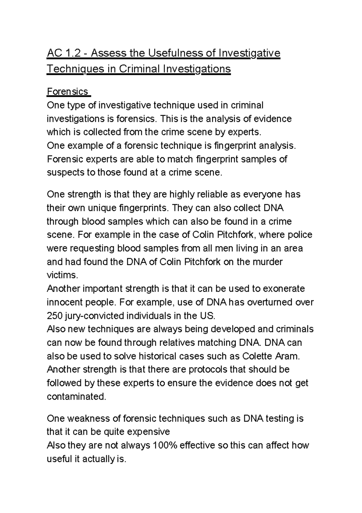 Unit 3 AC 1.2 - Assess The Usefulness Of Investigative Techniques In ...