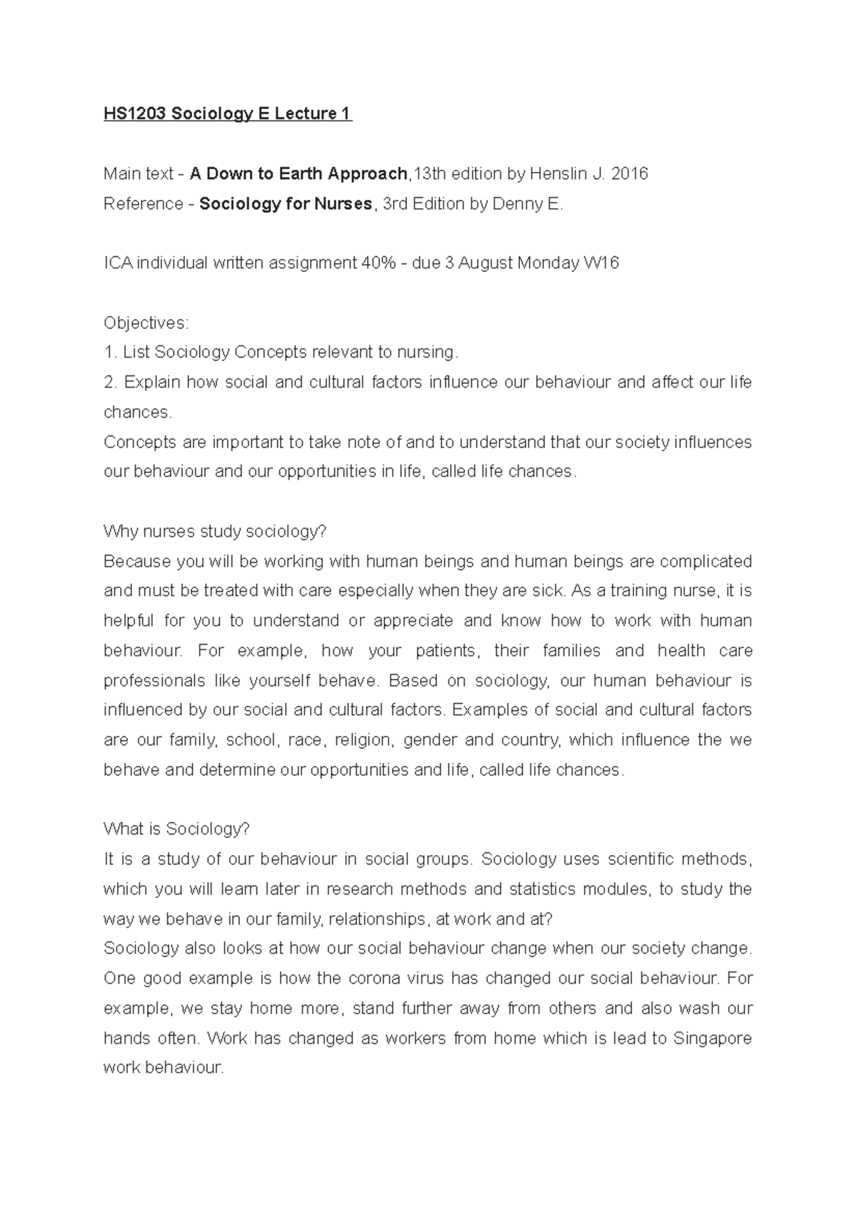 Sociology Lecture HS1203 Sociology E Lecture 1 Main text A