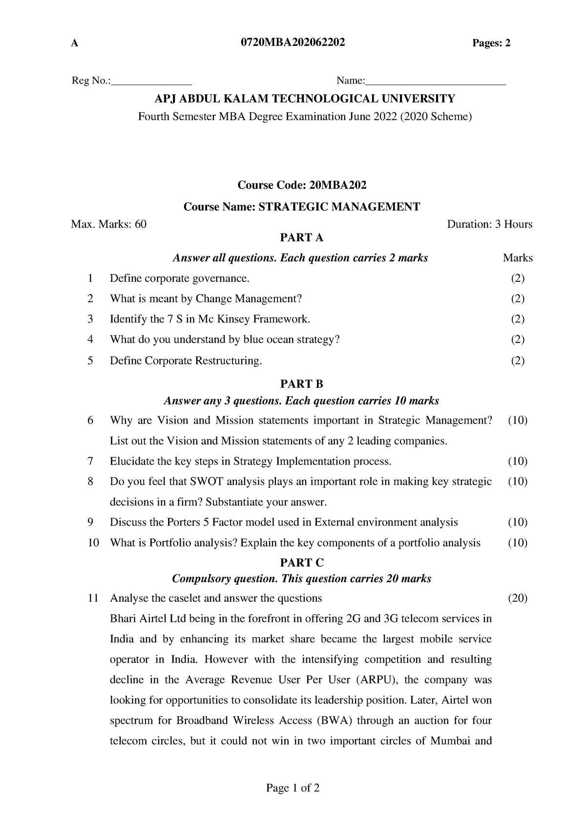 20MBA202 QP 1 Strategic Management Question Paper 1 0720MBA Page 1 Of 