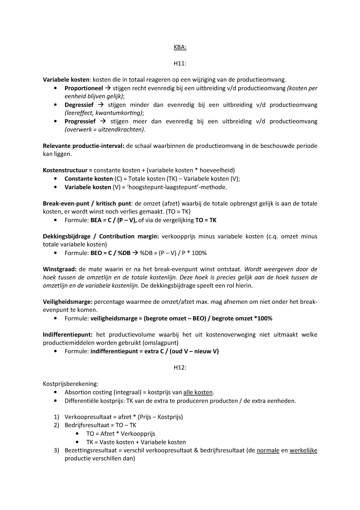 Samenvatting Kosten Batenanalyse 1 2 Colleges H 1 3 Studeersnel