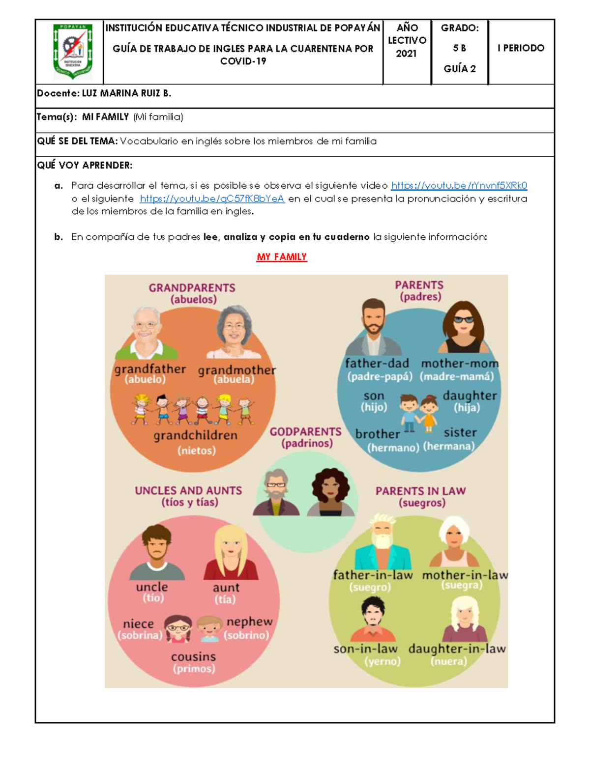 Taller GRADO QUINTO DE Ingles 5B INSTITUCIÓN EDUCATIVA TÉCNICO