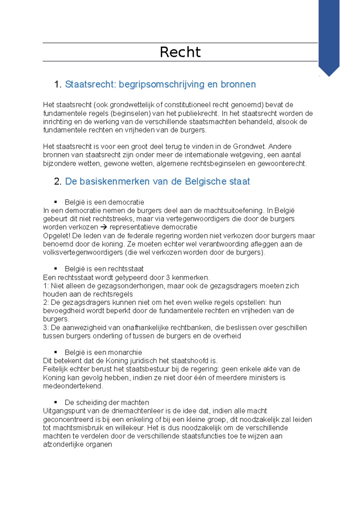 Recht Sv Examen Deel 2 - Recht 1. Staatsrecht: Begripsomschrijving En ...