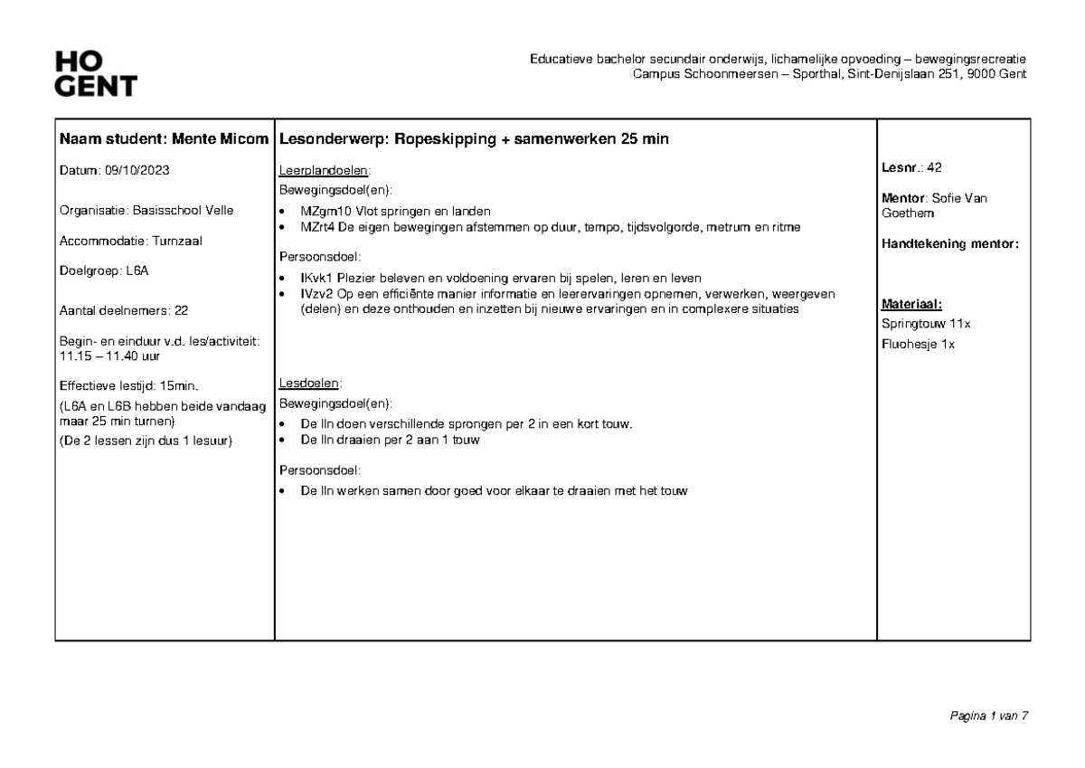 Les 42 L6A ropeskipping (25min) - Campus Schoonmeersen – Sporthal, Sint